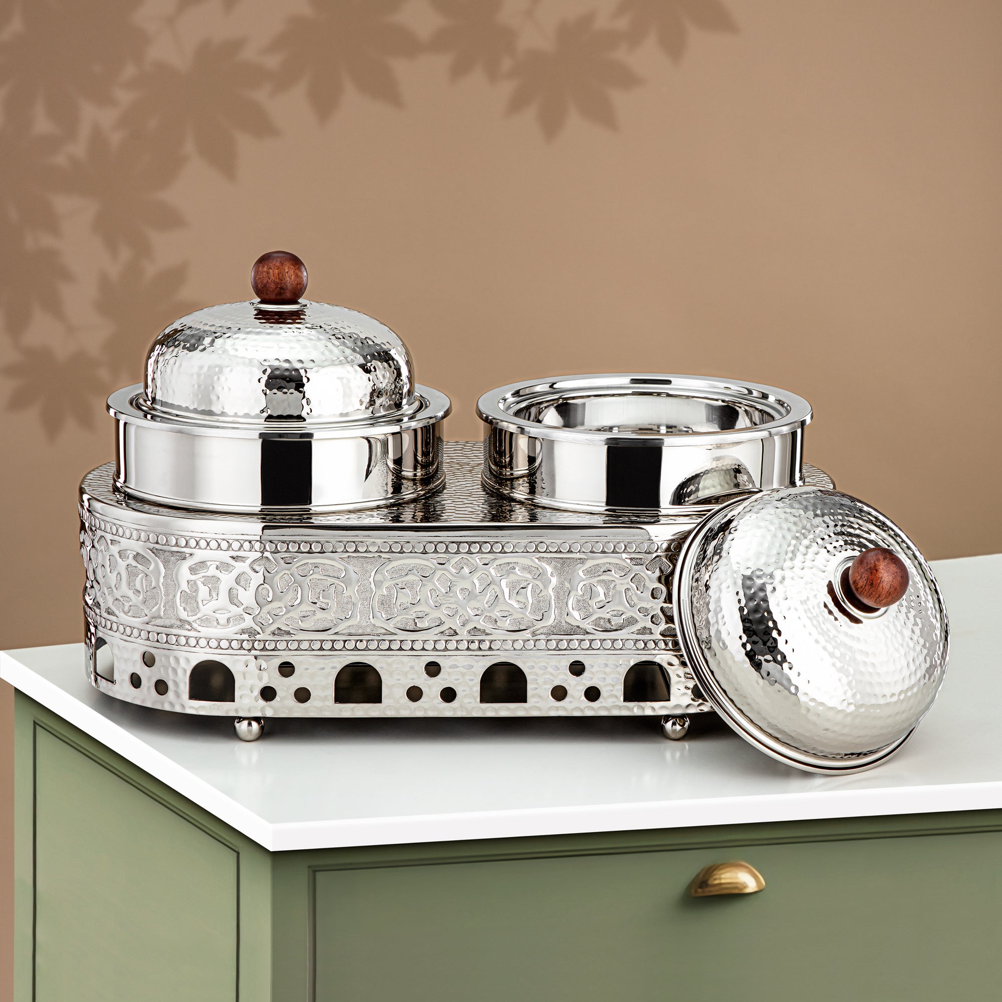 Almarjan Chafing Dish Double Stainless Steel, 1.25L + 1.25L, Silver (MD-3045) - Stylish Serveware