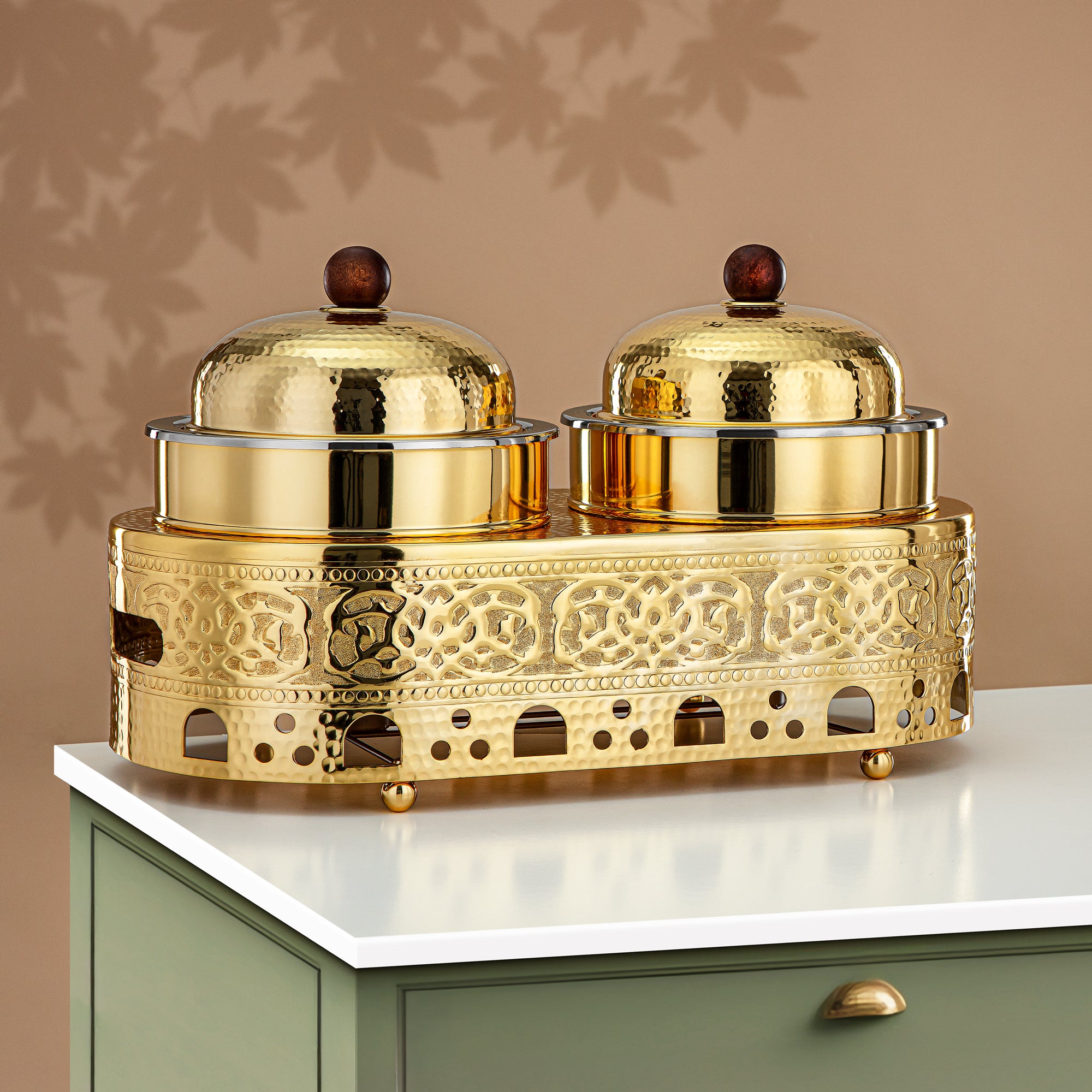 Almarjan Chafing Dish Double Stainless Steel, 1.25L + 1.25L, Gold (MD-3046) - Stylish Serveware