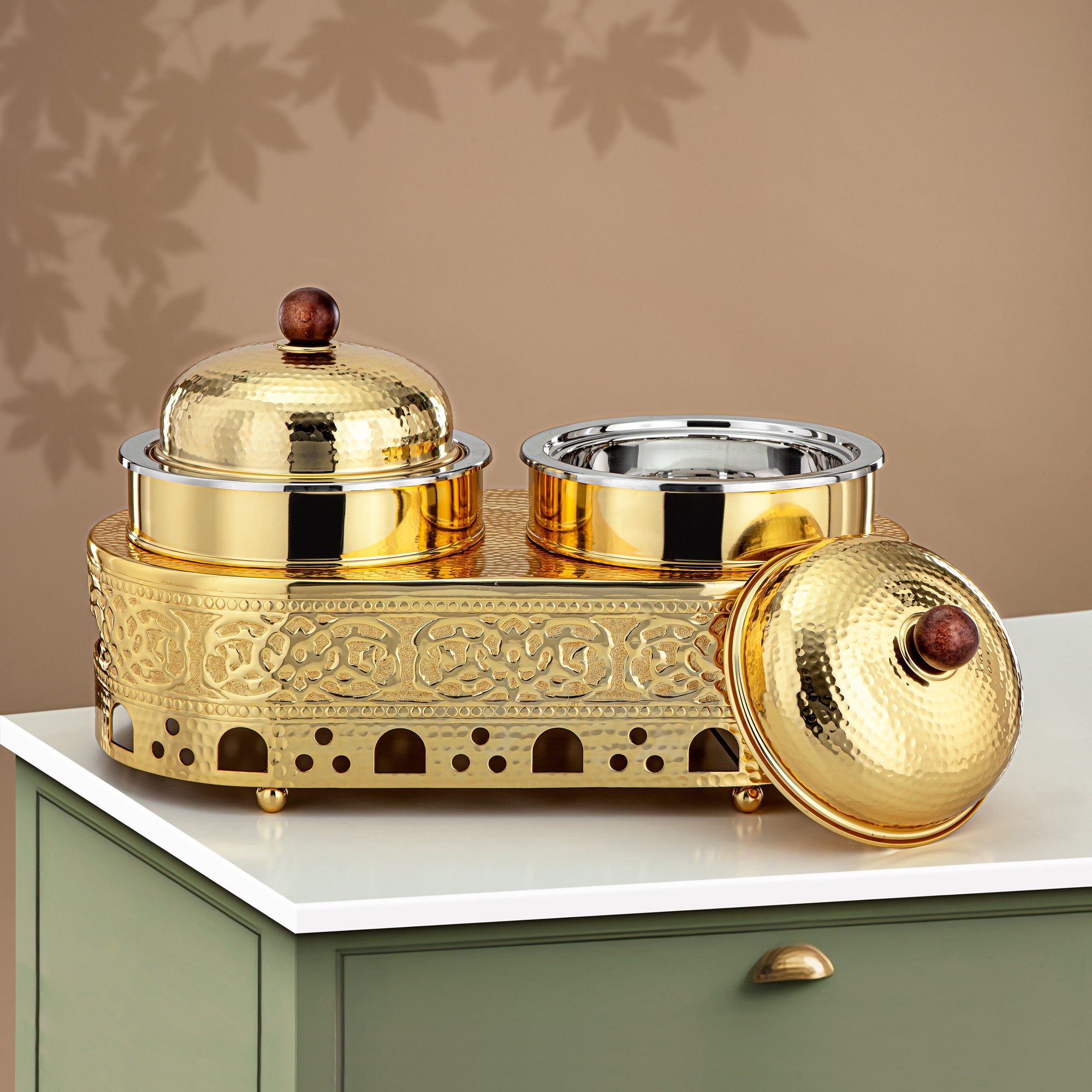Almarjan Chafing Dish Double Stainless Steel, 1.25L + 1.25L, Gold (MD-3046) - Stylish Serveware