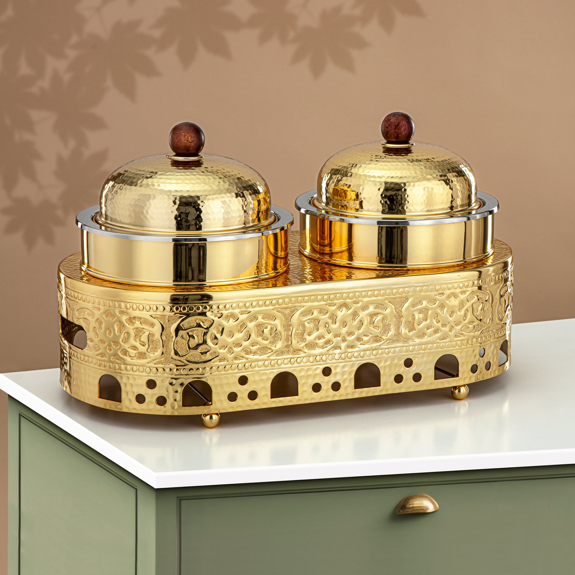 Almarjan Chafing Dish Double Stainless Steel, 1.25L + 1.25L, Gold (MD-3046) - Stylish Serveware