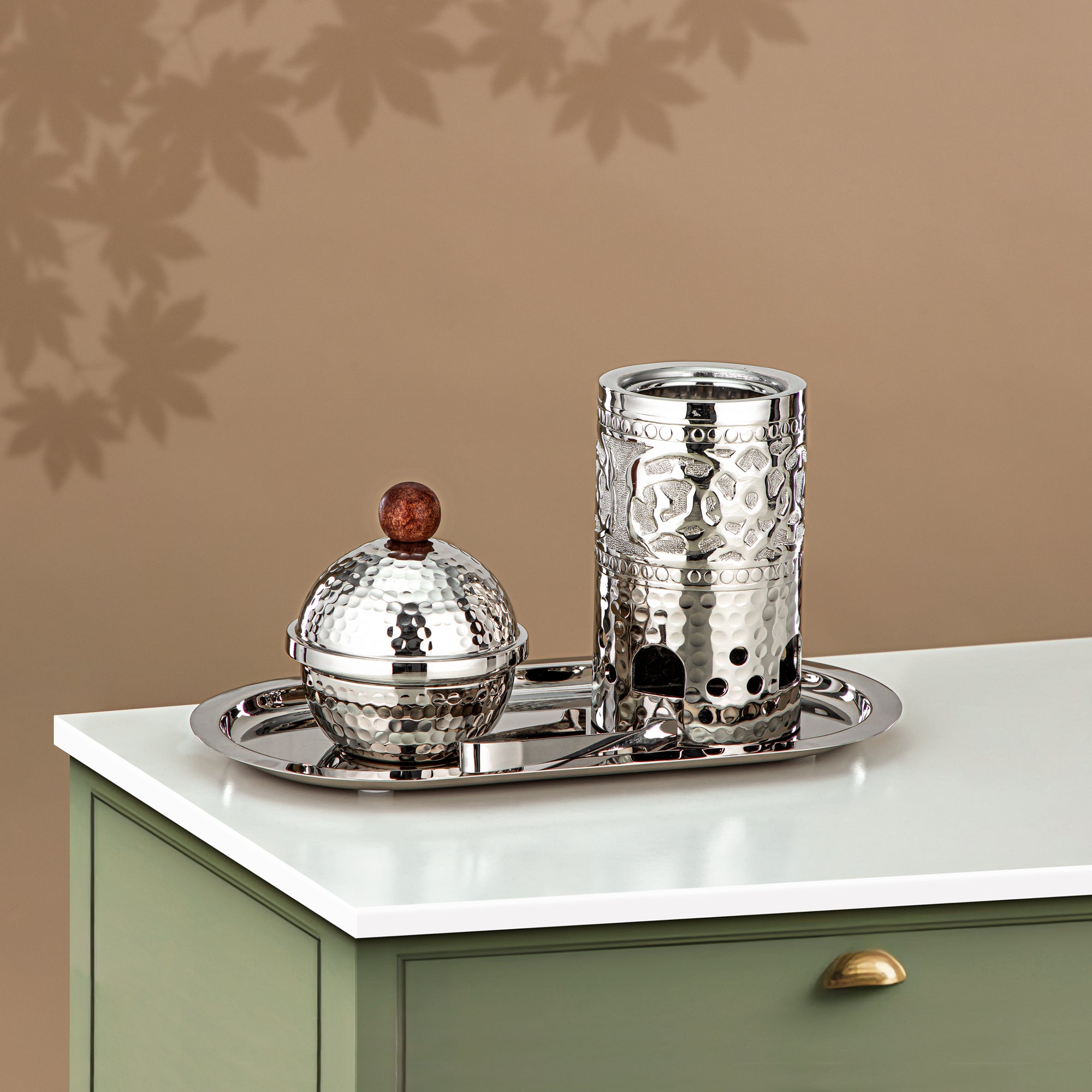 Almarjan Incense Burner Set, Silver (MD-3053) - Oud Burner