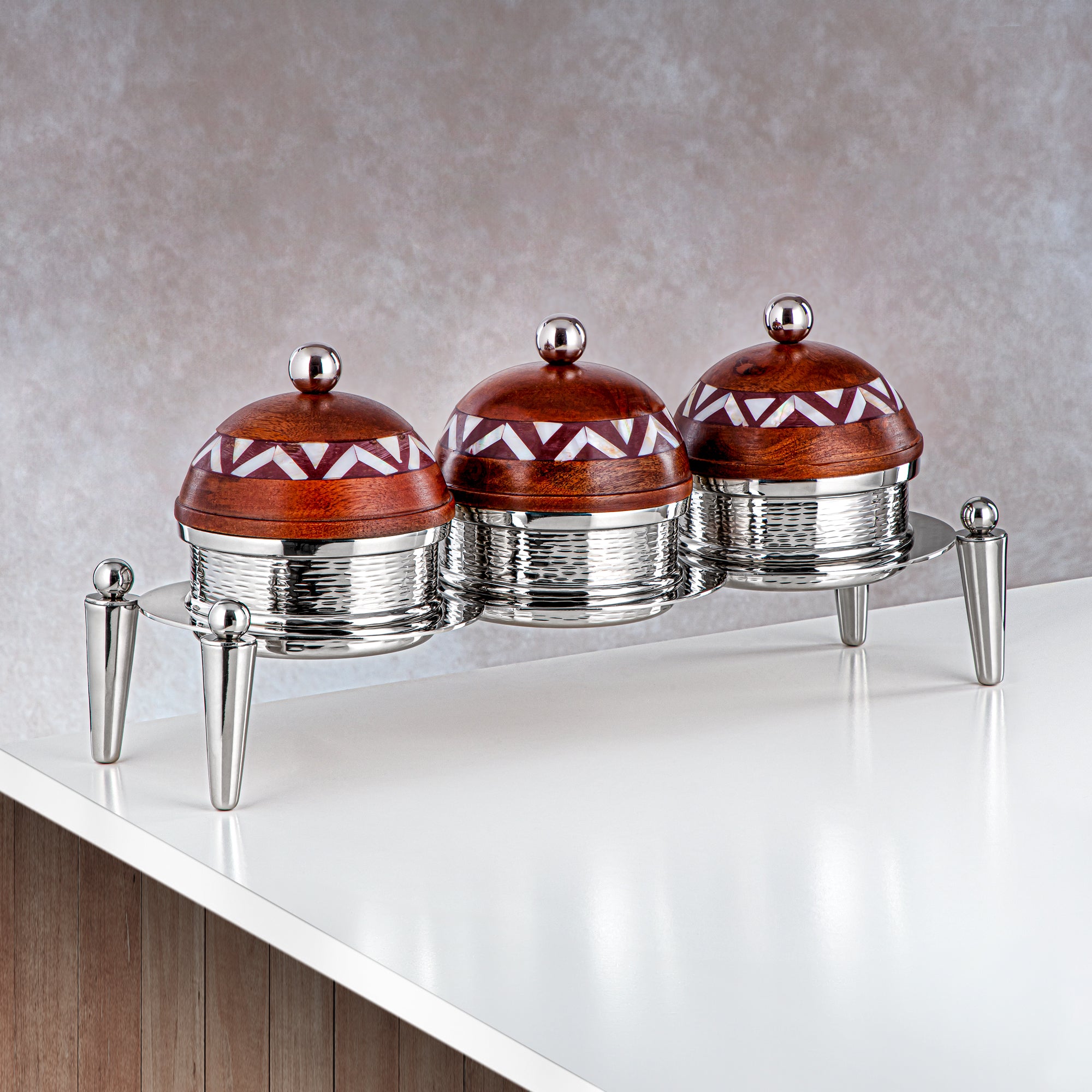 Almarjan 3 Part Candy Set Wood & Silver - MD-2107 C