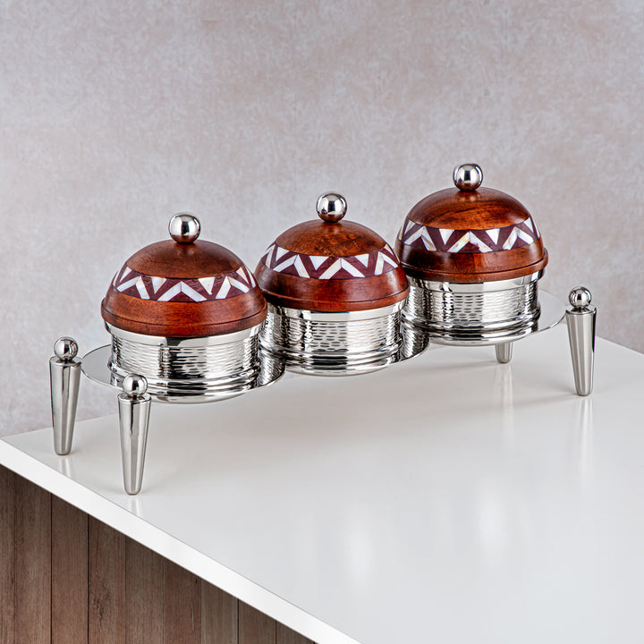 Almarjan 3 Part Candy Set Wood & Silver - MD-2107 C