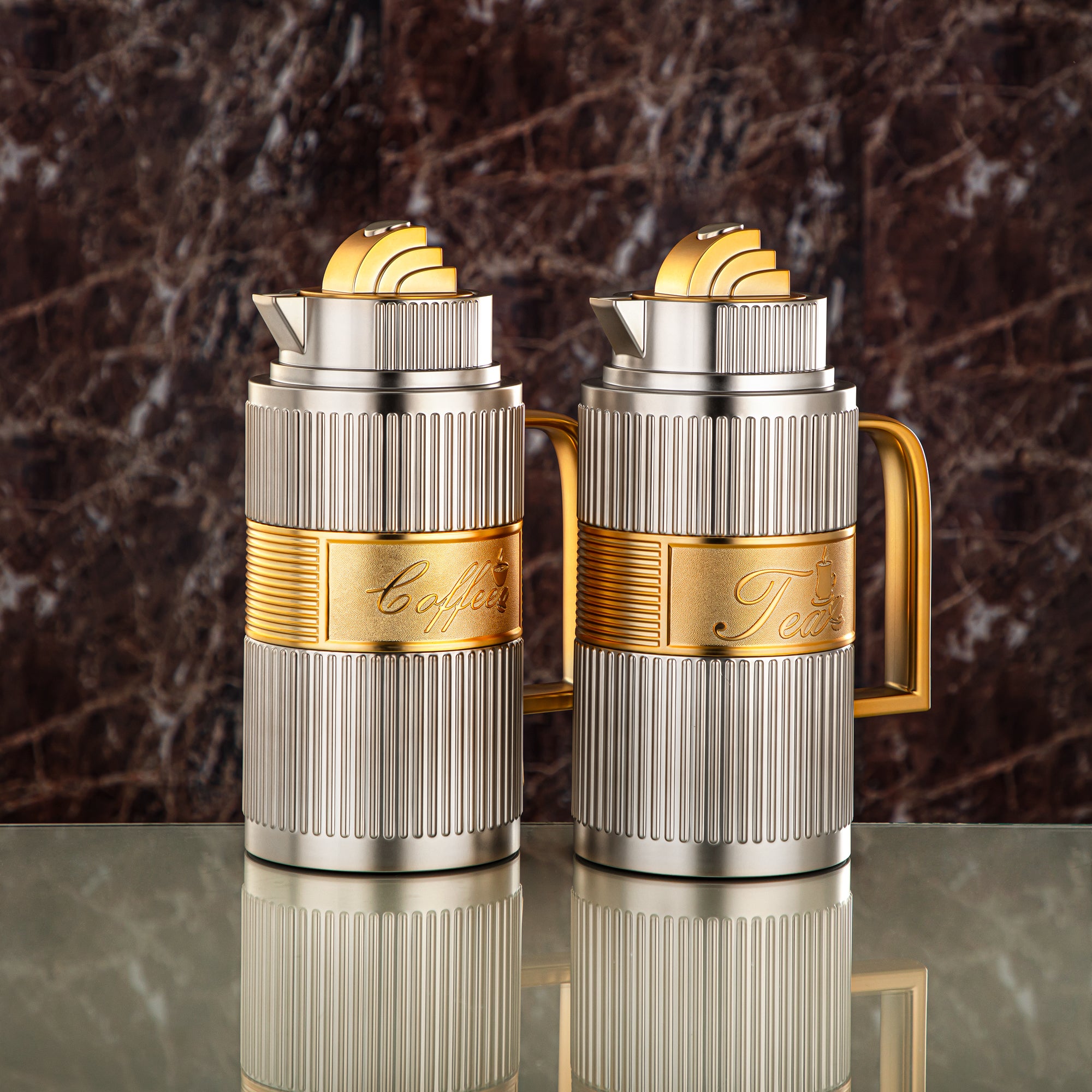 Almarjan Vacuum Flask Set, ABS, Push Button - 1L + 1L, Matt Silver & Matt Gold (OUD-MNMG) - Tea & Coffee