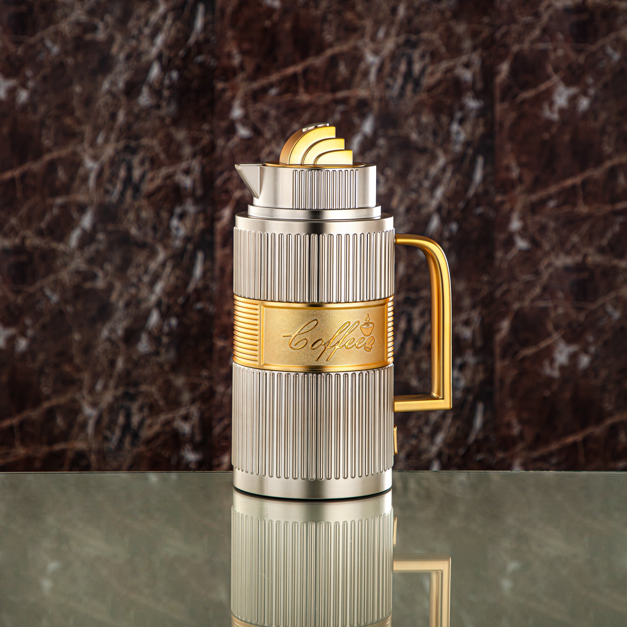 Almarjan Vacuum Flask Set, ABS, Push Button - 1L + 1L, Matt Silver & Matt Gold (OUD-MNMG) - Tea & Coffee