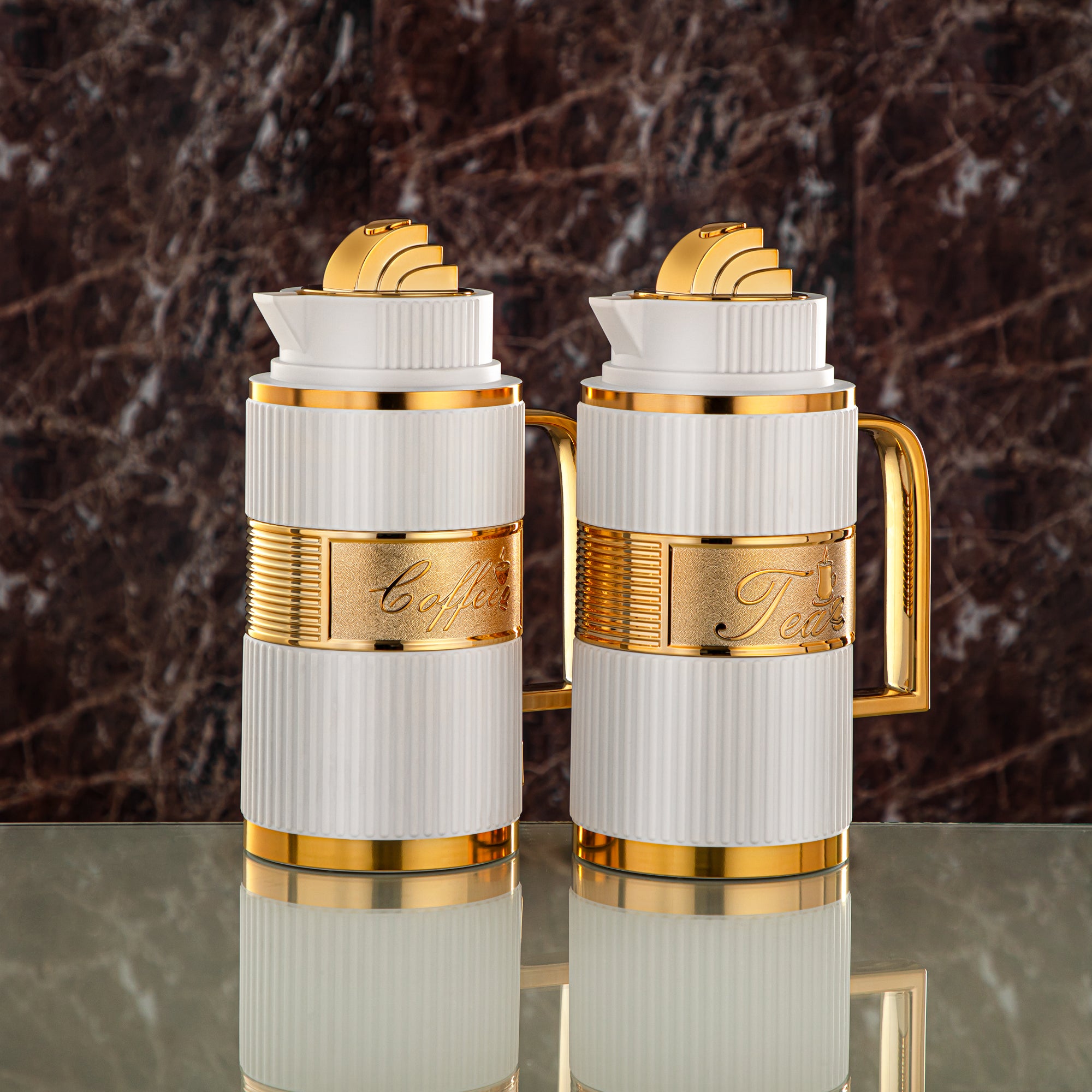 Almarjan Vacuum Flask Set, ABS, Push Button - 1L + 1L, White & Gold (OUD-MWG) - Tea & Coffee