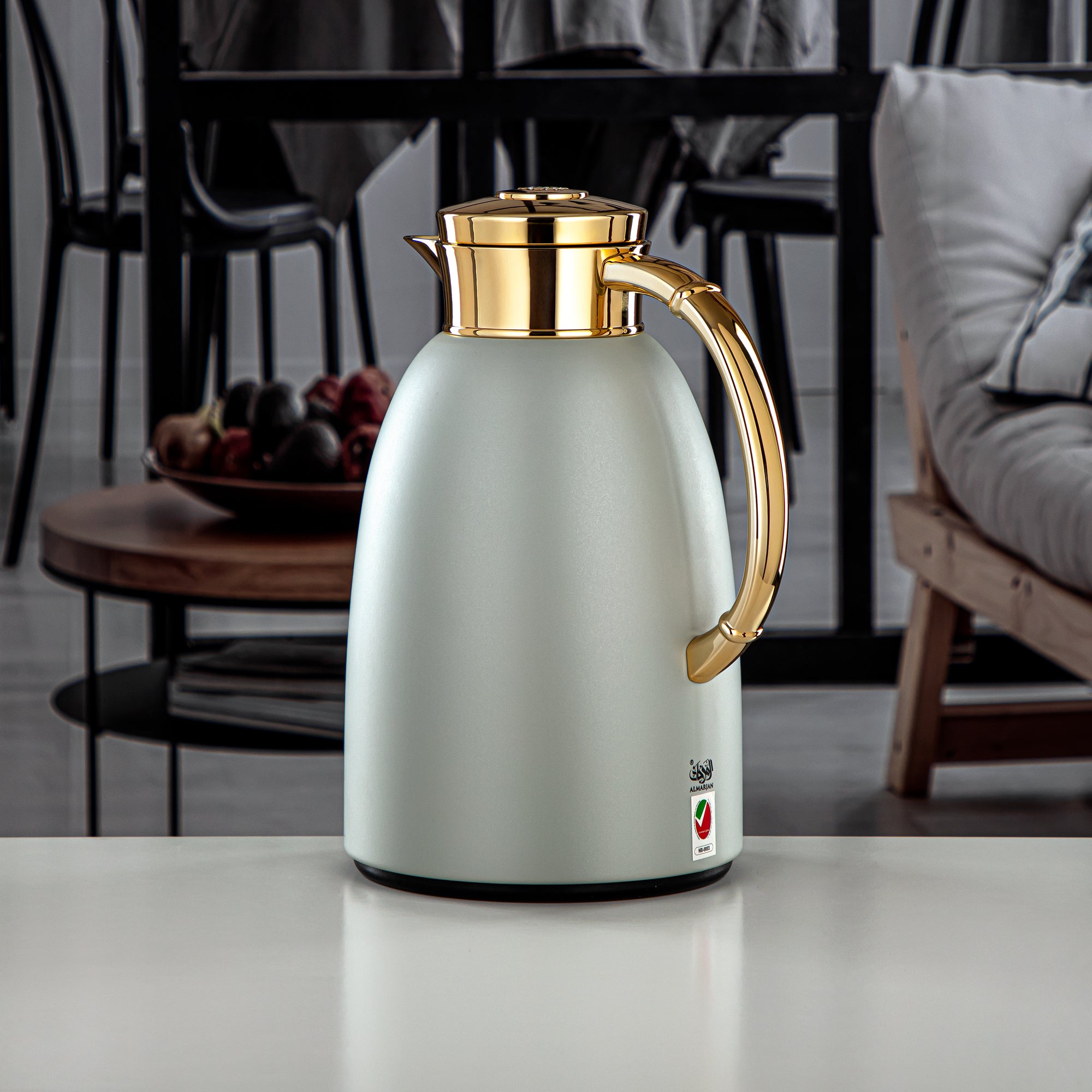 Almarjan Vacuum Flask 1.6L (QVC-1600Q265YZC95) - Push Button, Stone Grey & Gold | Modern Serveware