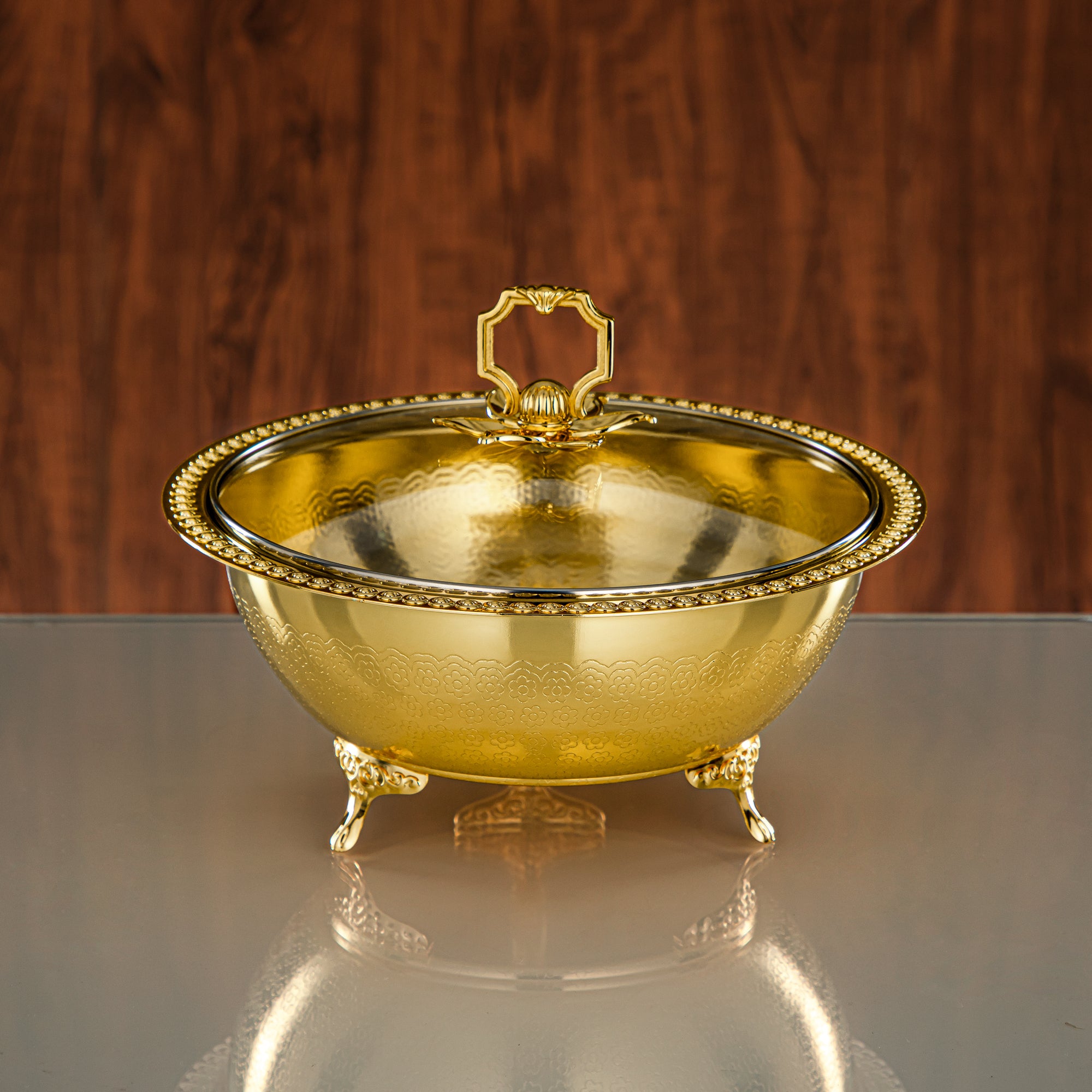 Almarjan Brushed Gold Date Bowl with Glass Cover – 23 CM