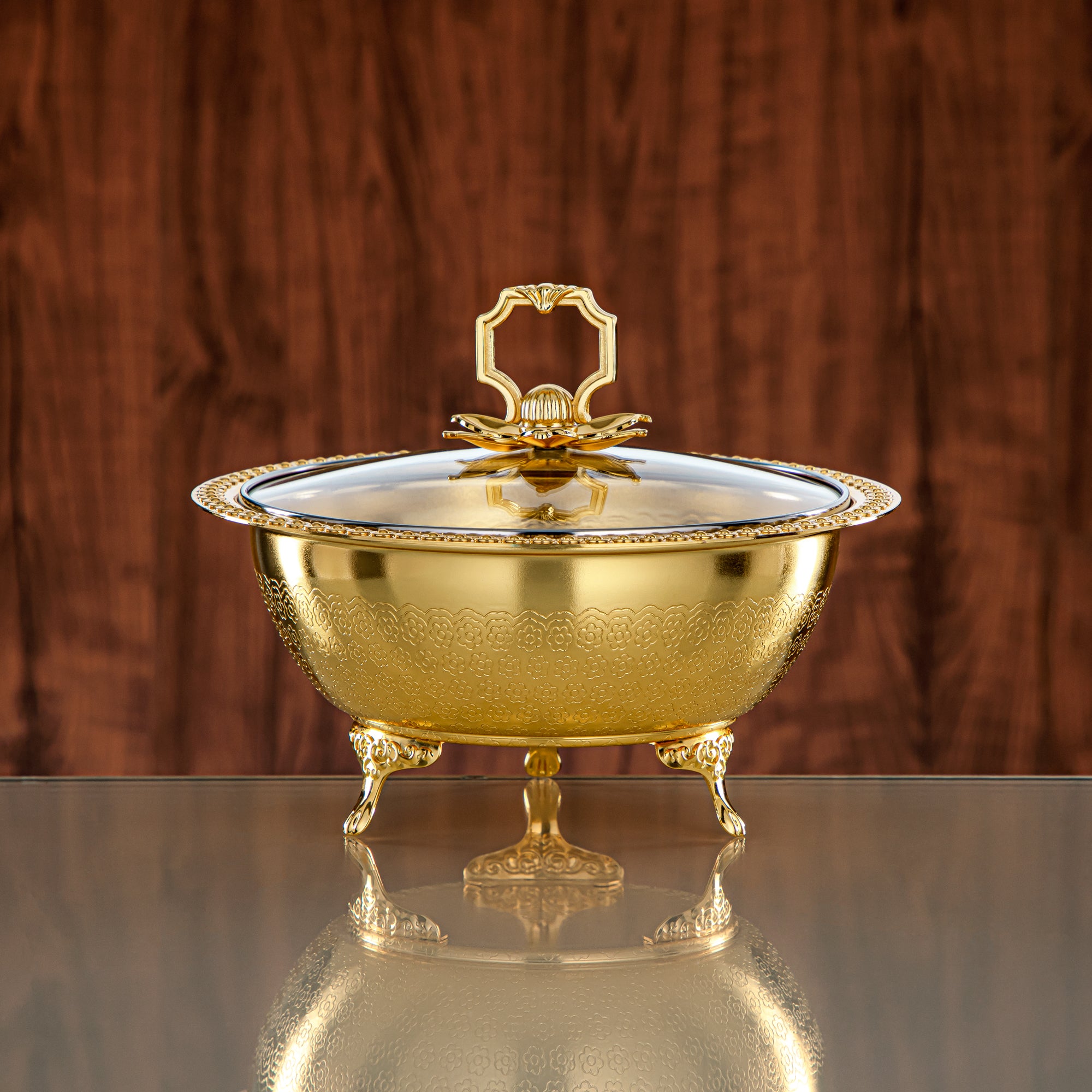 Almarjan Brushed Gold Date Bowl with Glass Cover – 21 CM