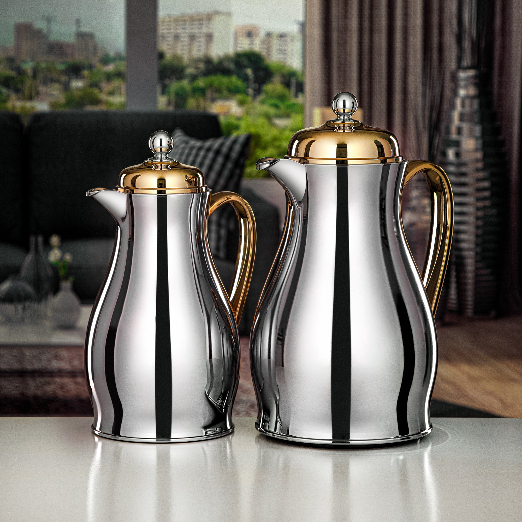 Almarjan Vacuum Flask Set Silver & Gold 0.7L + 1L (RPA-070-SG+RPA-100-SG) – Elegant Serving | Ramadan & Gatherings