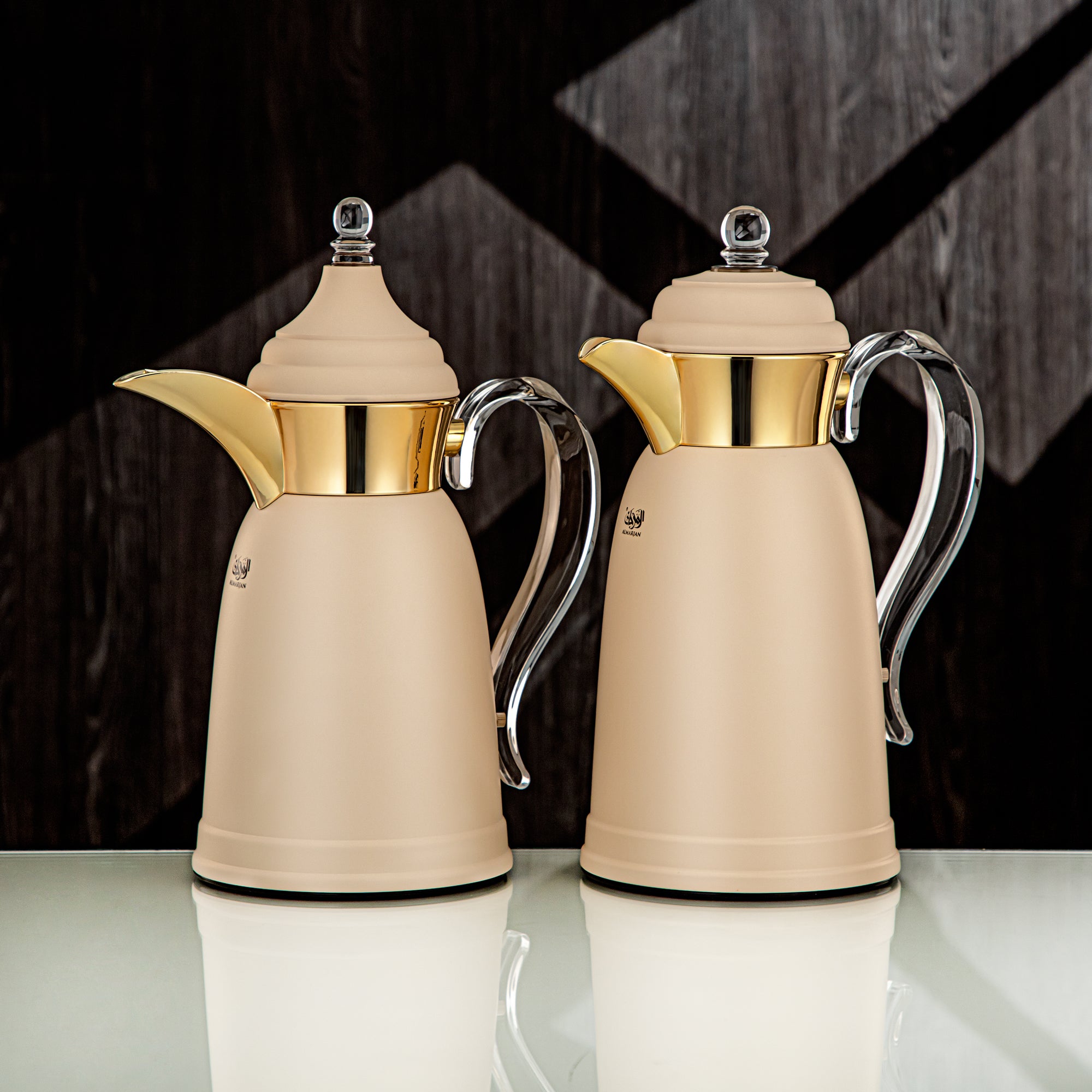 Almarjan Vacuum Flask Set - 0.7L & 1L, Beige & Gold Finish, Metal (SM-2A29-070/100 BG/G) - Classic, Tea & Coffee