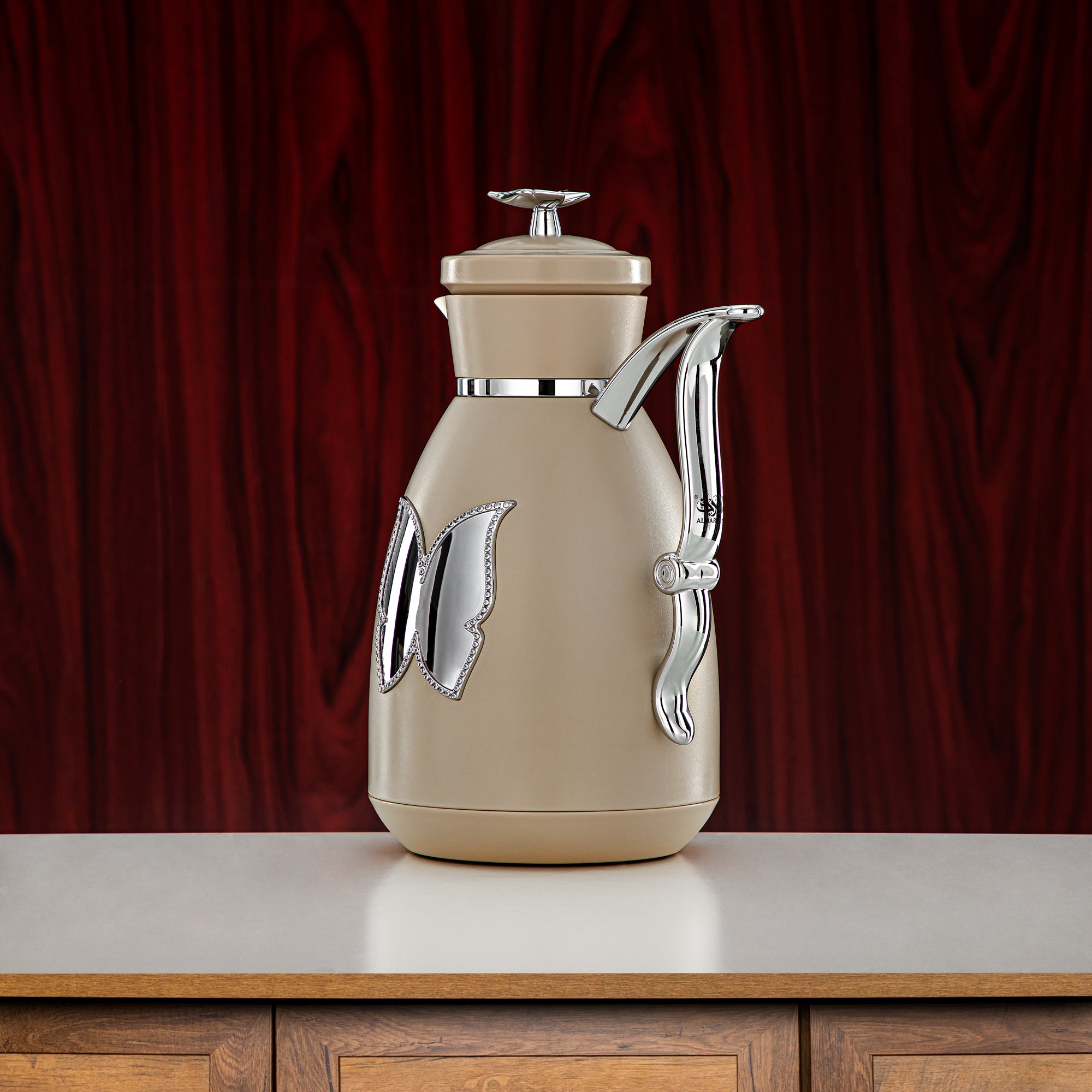 Almarjan Vacuum Flask Set Plastic Push Button 0.7L + 1L Beige & Silver (SM-2C142-070/100 BG/C) - Tea & Coffee Flask