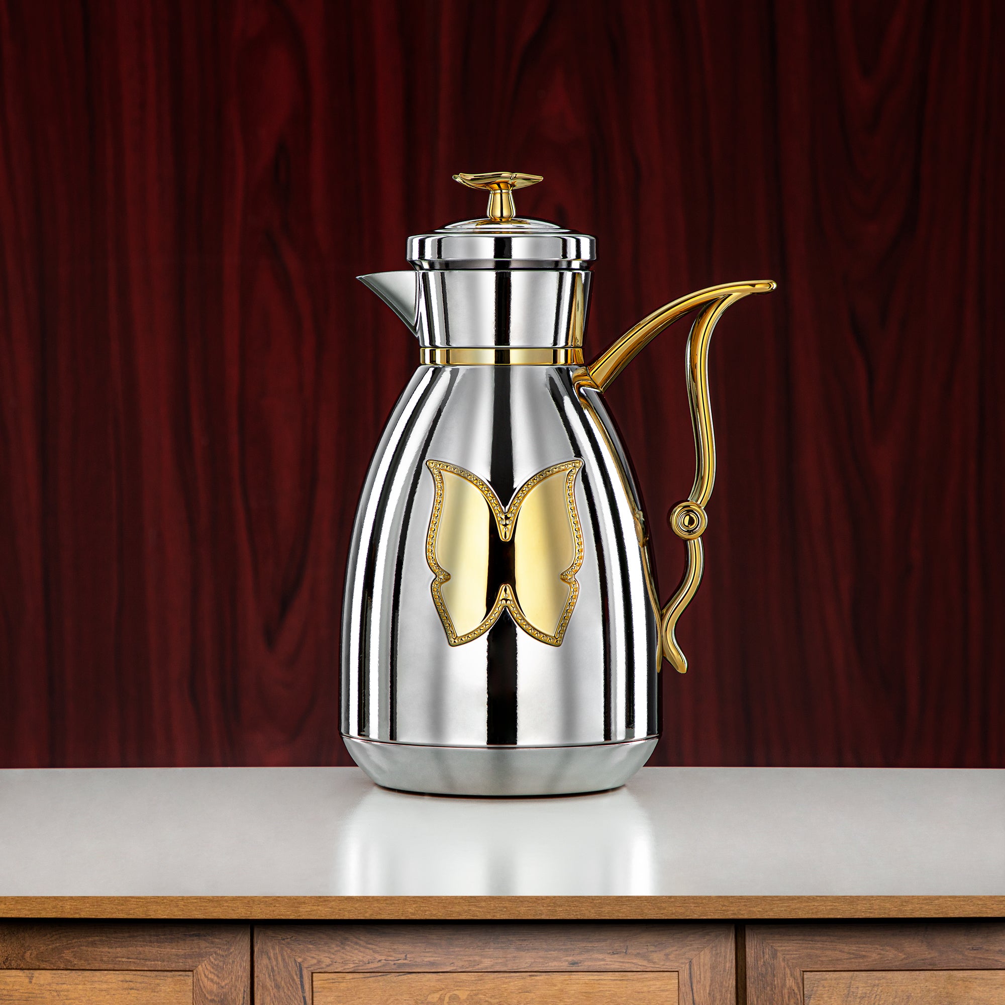 Almarjan Vacuum Flask Set Plastic Push Button 0.7L + 1L Silver & Gold (SM-2C142-070/100 C/G) - Tea & Coffee Flask