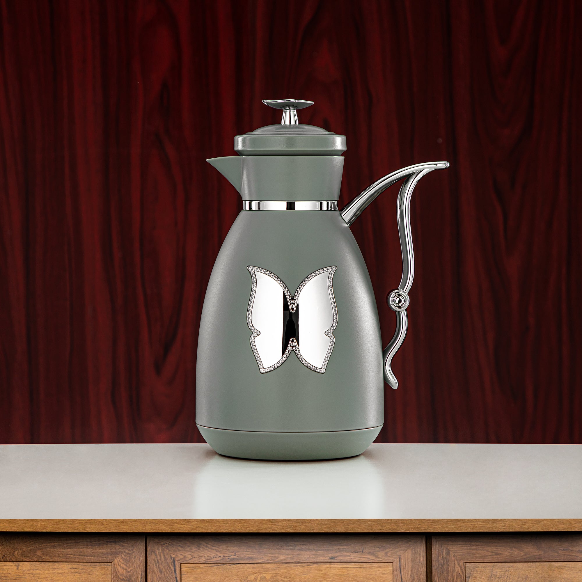 Almarjan Vacuum Flask Set Plastic Push Button 0.7L + 1L Green & Silver (SM-2C142-070/100 GG/C) - Tea & Coffee Flask