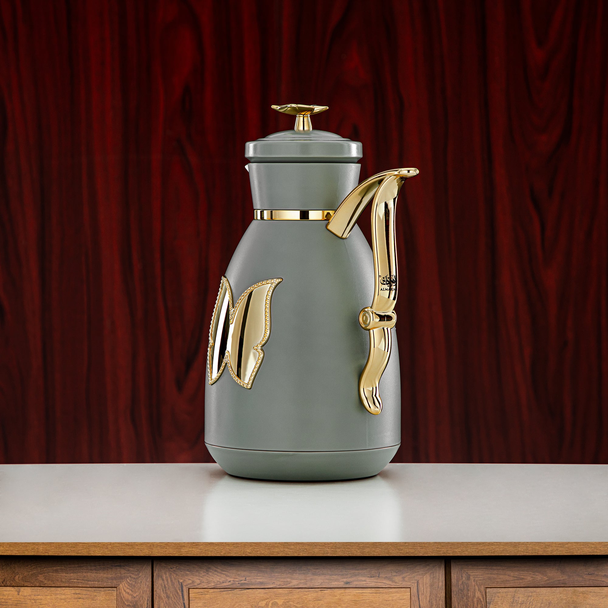 Almarjan Vacuum Flask Set Plastic Push Button 0.7L + 1L Green & Gold (SM-2C142-070/100 GG/G) - Tea & Coffee Flask