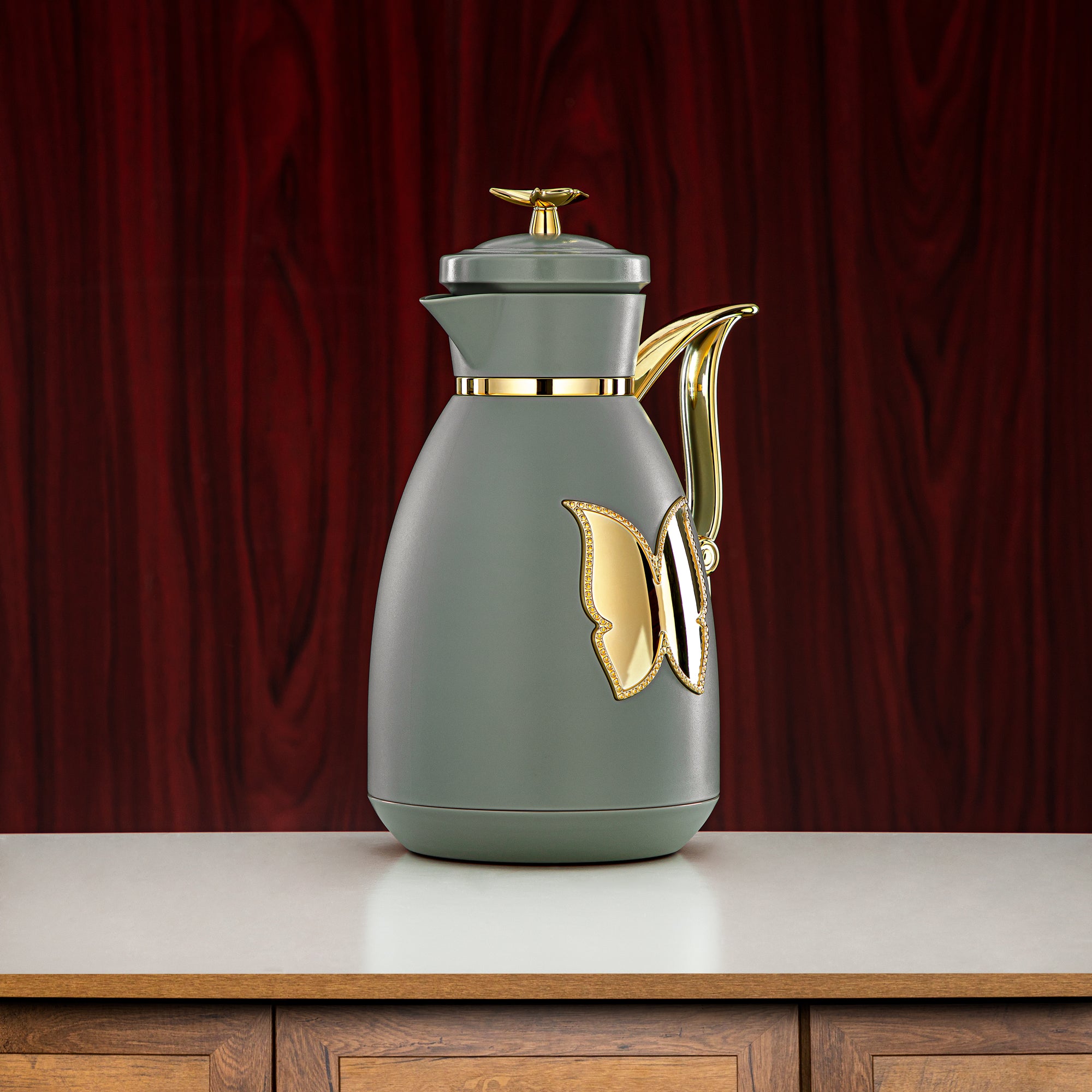 Almarjan Vacuum Flask Set Plastic Push Button 0.7L + 1L Green & Gold (SM-2C142-070/100 GG/G) - Tea & Coffee Flask