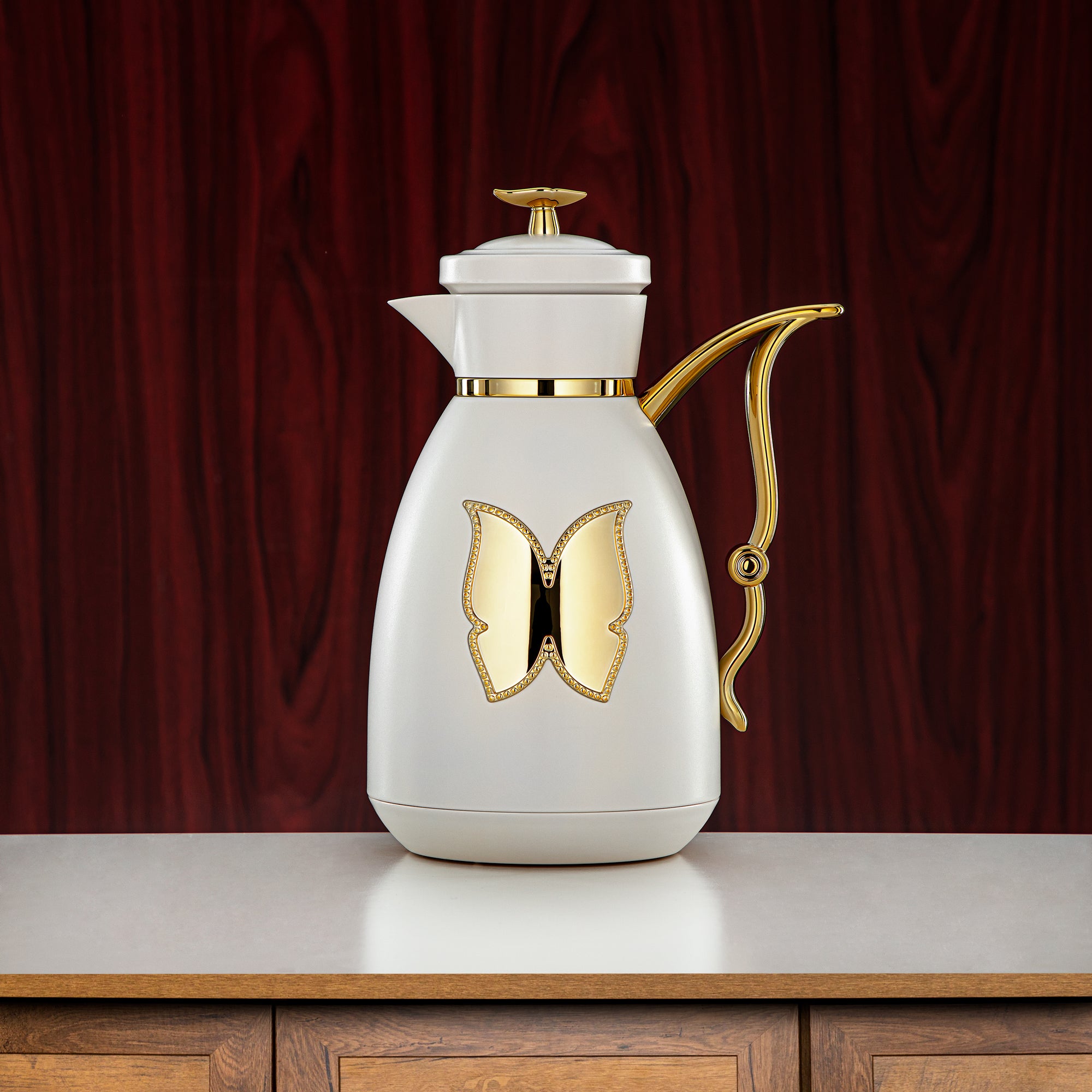 Almarjan Vacuum Flask Set Plastic Push Button 0.7L + 1L Ivory & Gold (SM-2C142-070/100 IV/G) - Tea & Coffee Flask