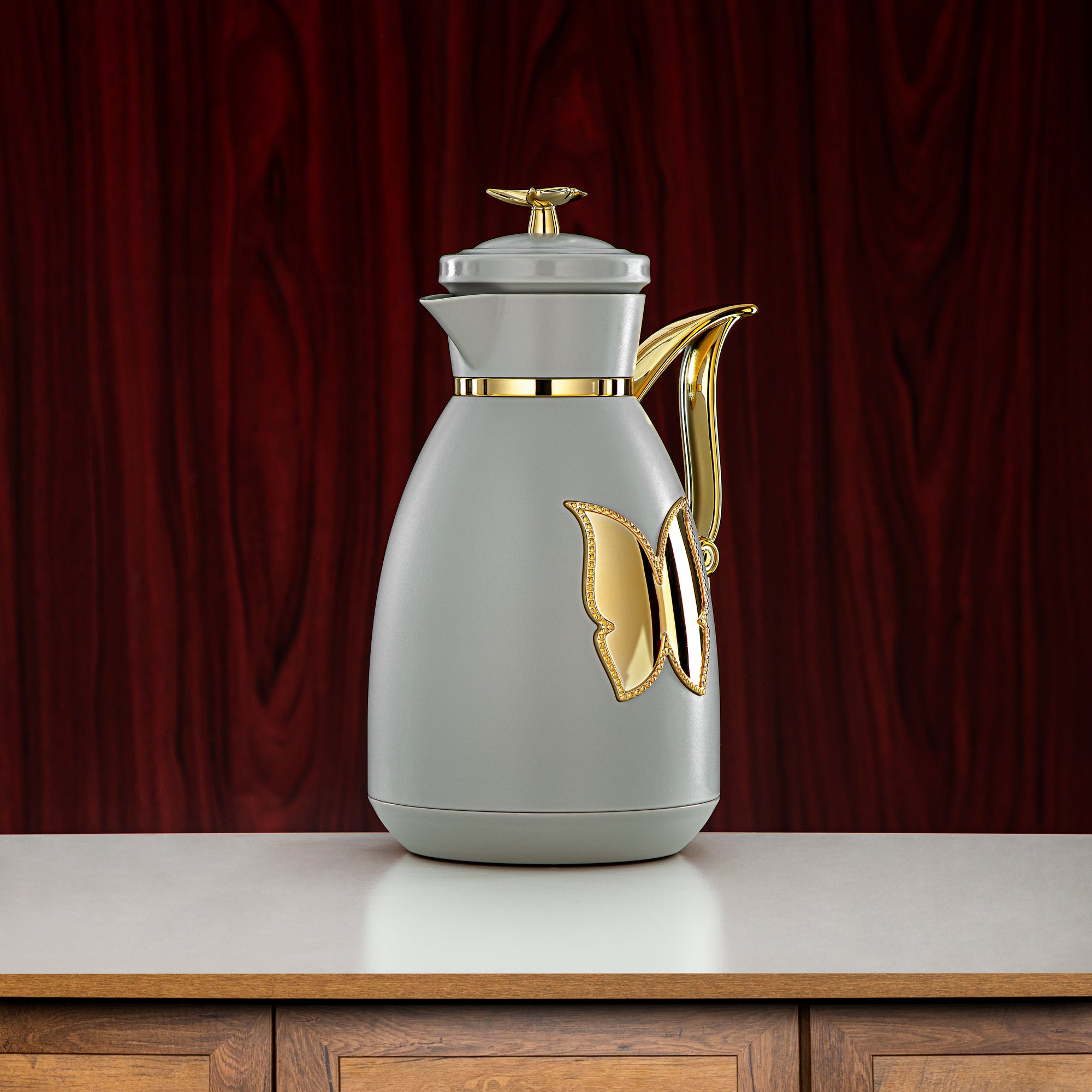 Almarjan Vacuum Flask Set Plastic Push Button 0.7L + 1L Light Grey & Gold (SM-2C142-070/100 LG/G) - Tea & Coffee Flask