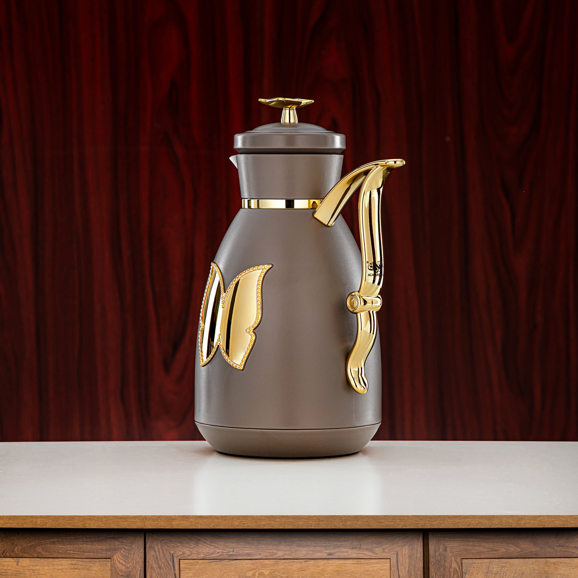 Almarjan Vacuum Flask Set Plastic Push Button 0.7L + 1L Coffee & Gold (SM-2C142-070/100 WG/G) - Tea & Coffee Flask