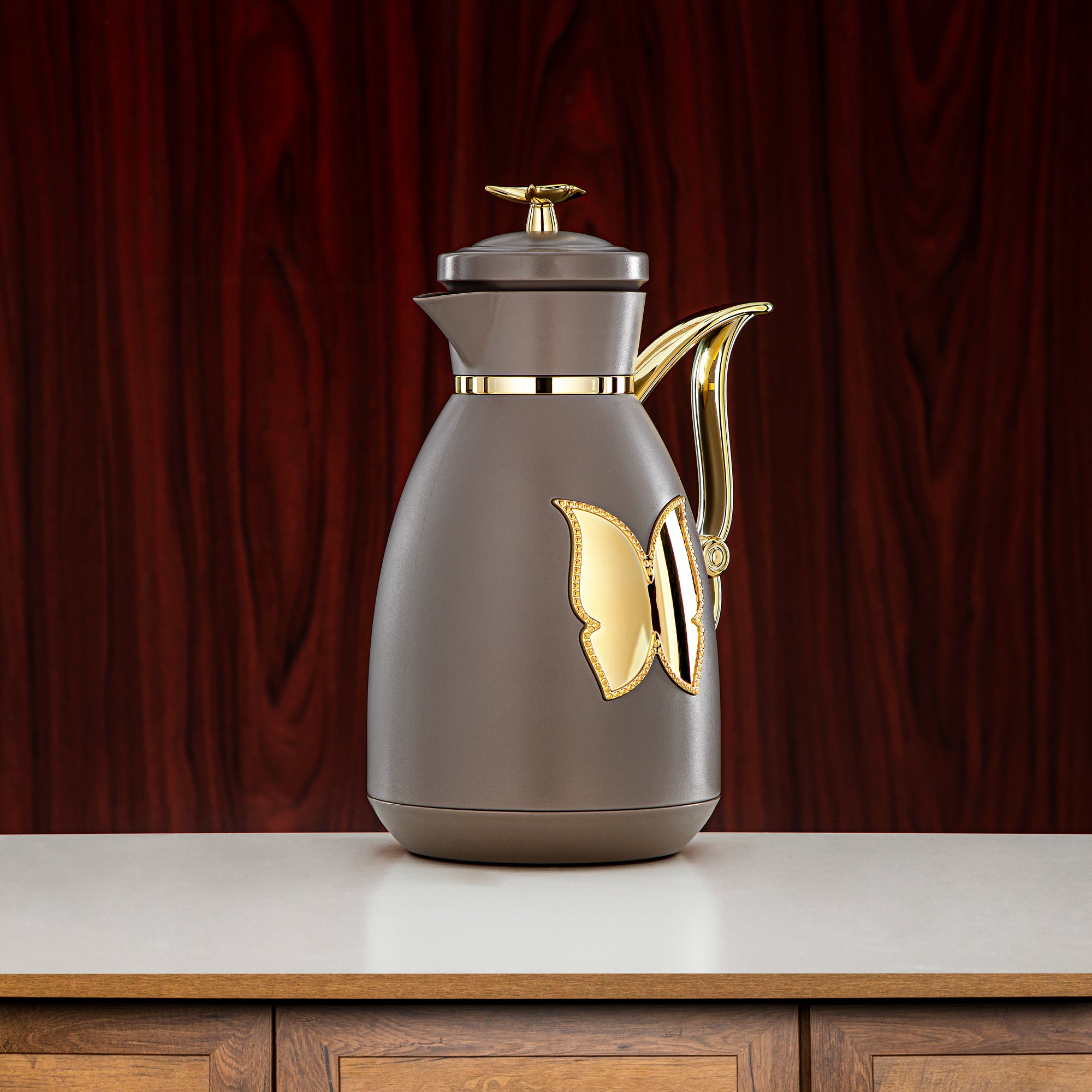 Almarjan Vacuum Flask Set Plastic Push Button 0.7L + 1L Coffee & Gold (SM-2C142-070/100 WG/G) - Tea & Coffee Flask