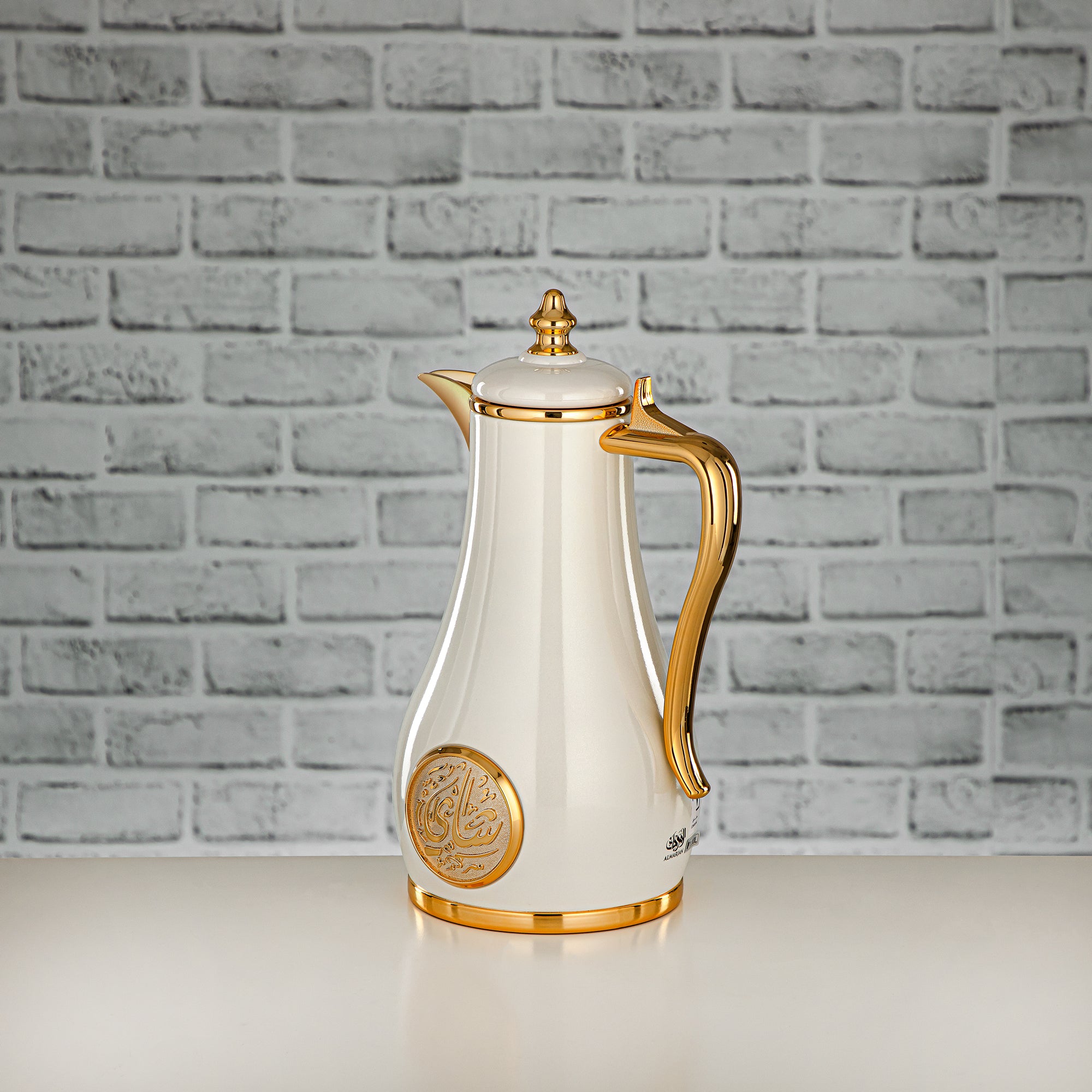 Almarjan Vacuum Flask Set, Push Button - 1L + 1L, Pearl White & Gold (SR-PWG) - Classic and Elegant