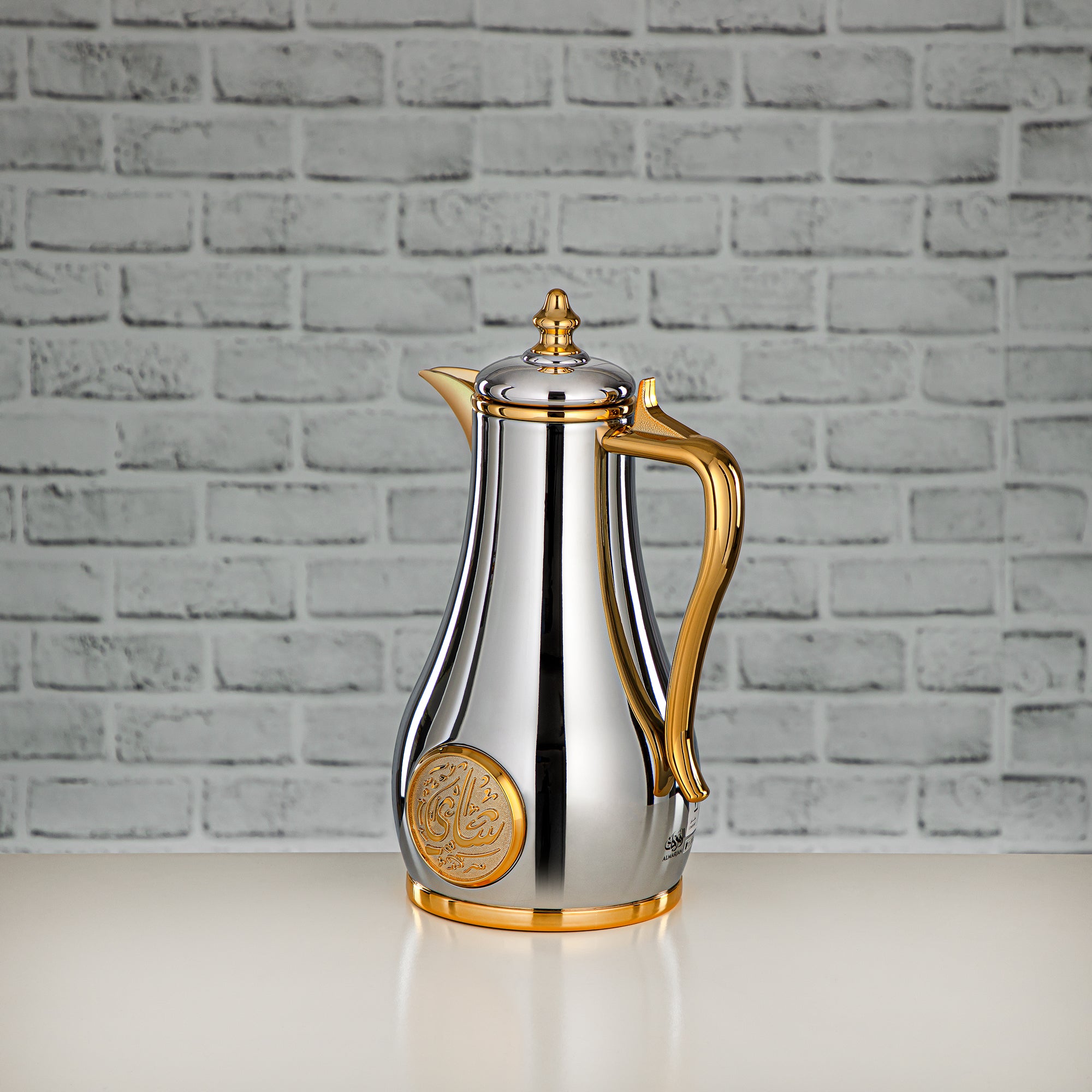 Almarjan Vacuum Flask Set, Push Button - 1L + 1L, Silver & Gold (SR-SG) - Classic and Elegant