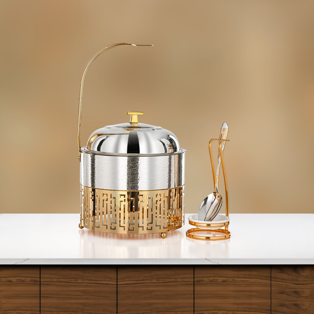 Almarjan 2 Lit Chafing Dish, Brushed Silver & Gold