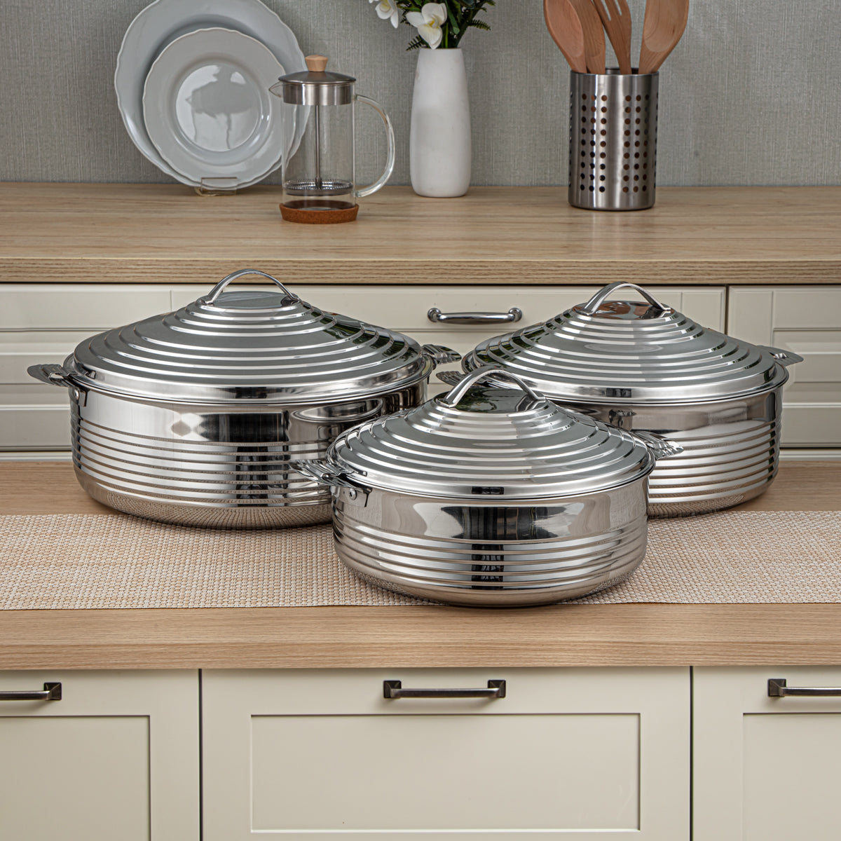 Almarjan 3 Pieces Big Royal Collection Stainless Steel Hot Pot Silver - H23P4