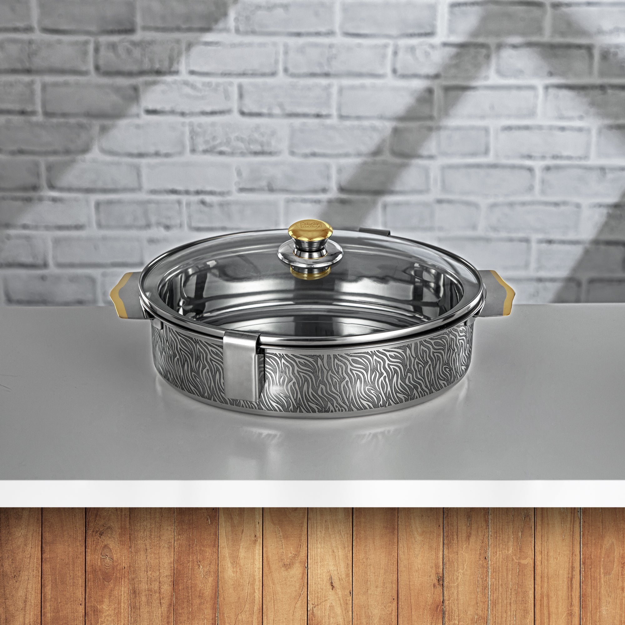 Almarjan 30 CM Mandi Collection Stainless Steel Hot Pot With Glass Cover Silver & Gold - H24PG1