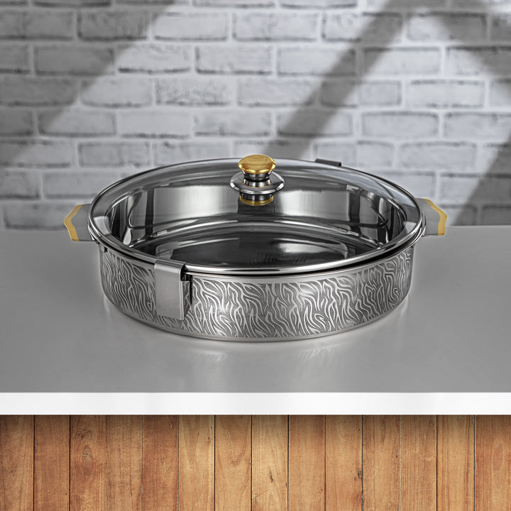 Almarjan 35 CM Mandi Collection Stainless Steel Hot Pot With Glass Cover Silver & Gold - H24PG1