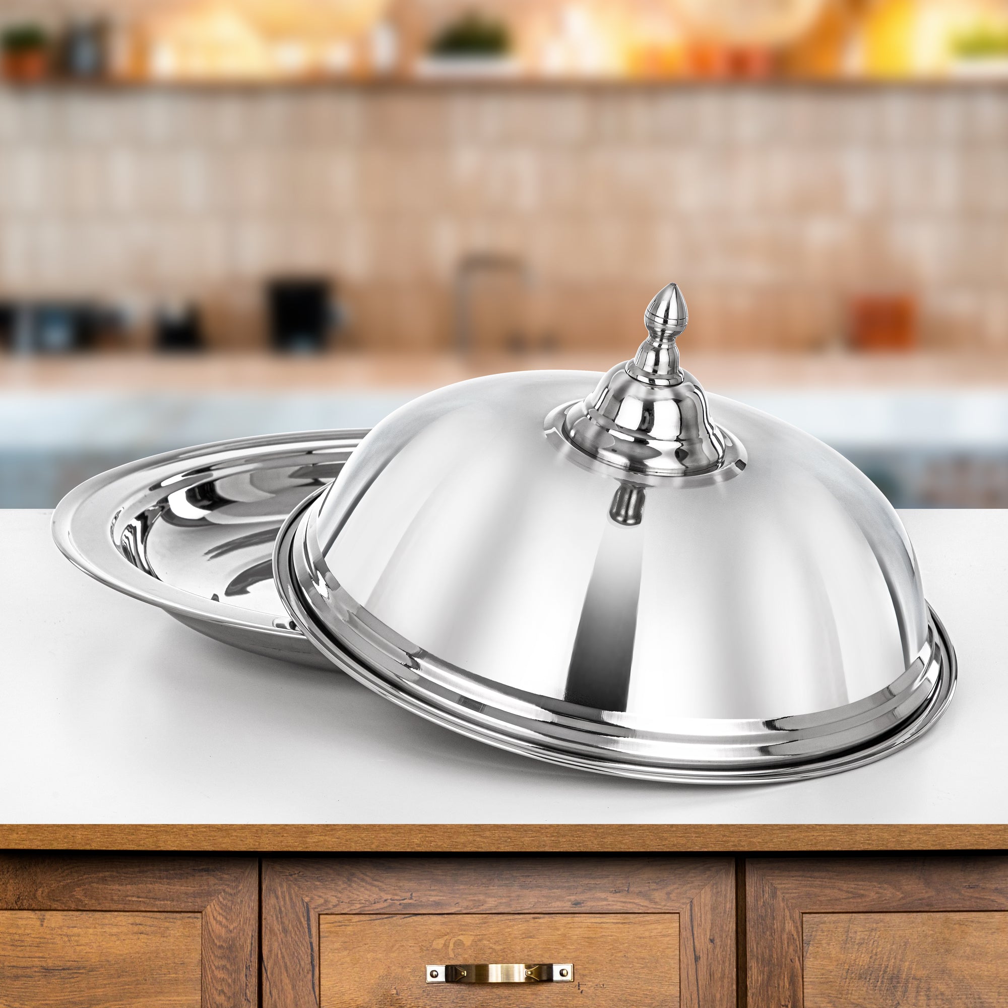 Almarjan Diwan Koozy Tray - 50CM Stainless Steel with Dome Cover, Mirror-Finish Serveware (H24P2)