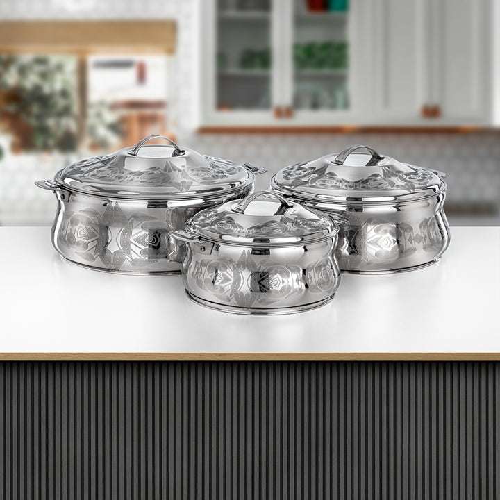 Almarjan 3-Piece Stainless Steel Hot Pot Set | Mirror Finish & Heat-Retaining | Boshra Collection | 25CM to 35CM - H24E15