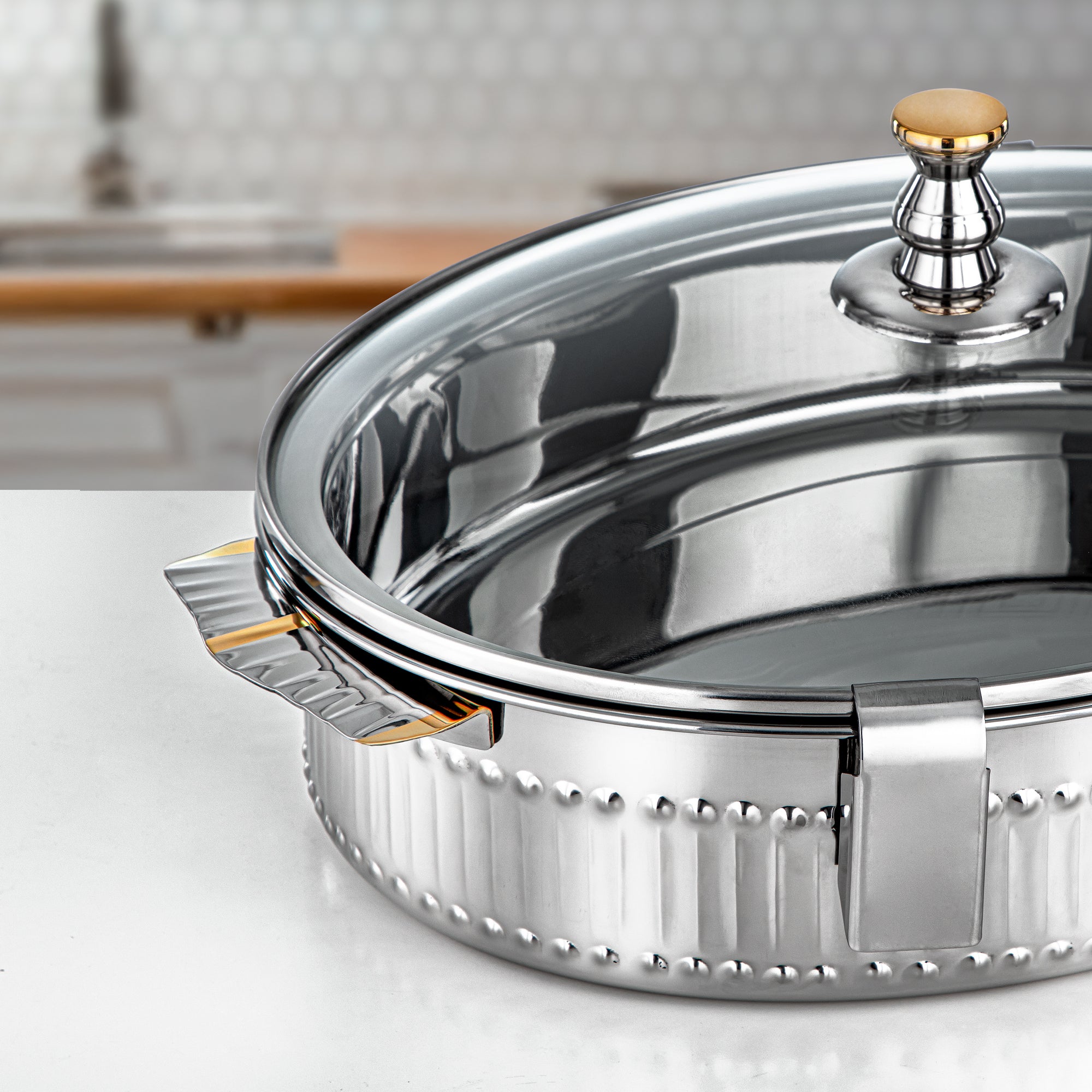 Almarjan Hot Pot Stainless Steel, 35CM (4000ML), Silver & Gold (H25M5G) - Mandi Collection