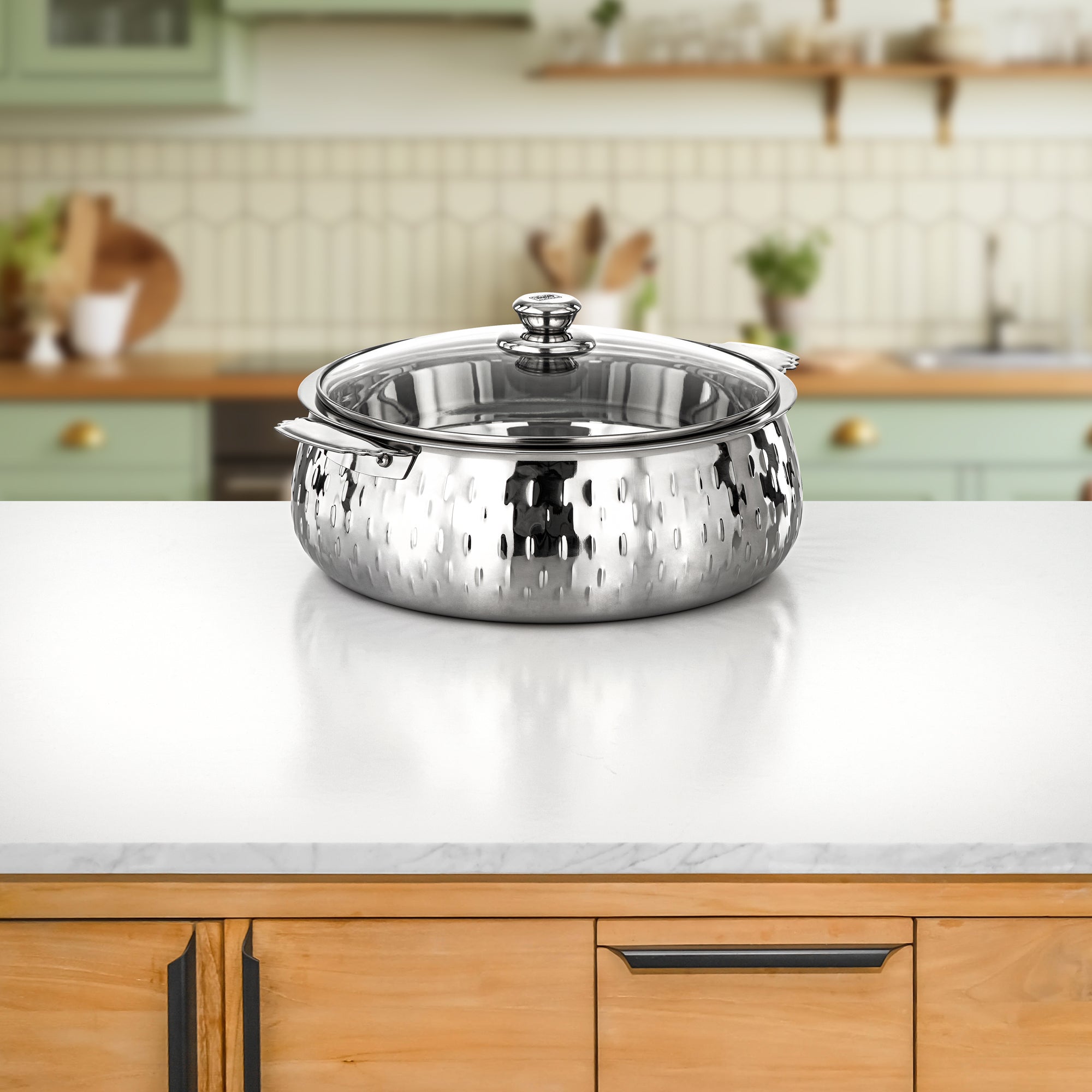 Almarjan Hot Pot Set Stainless Steel 3L + 4L + 6L + 9L Silver with Glass Lid (H25M19)