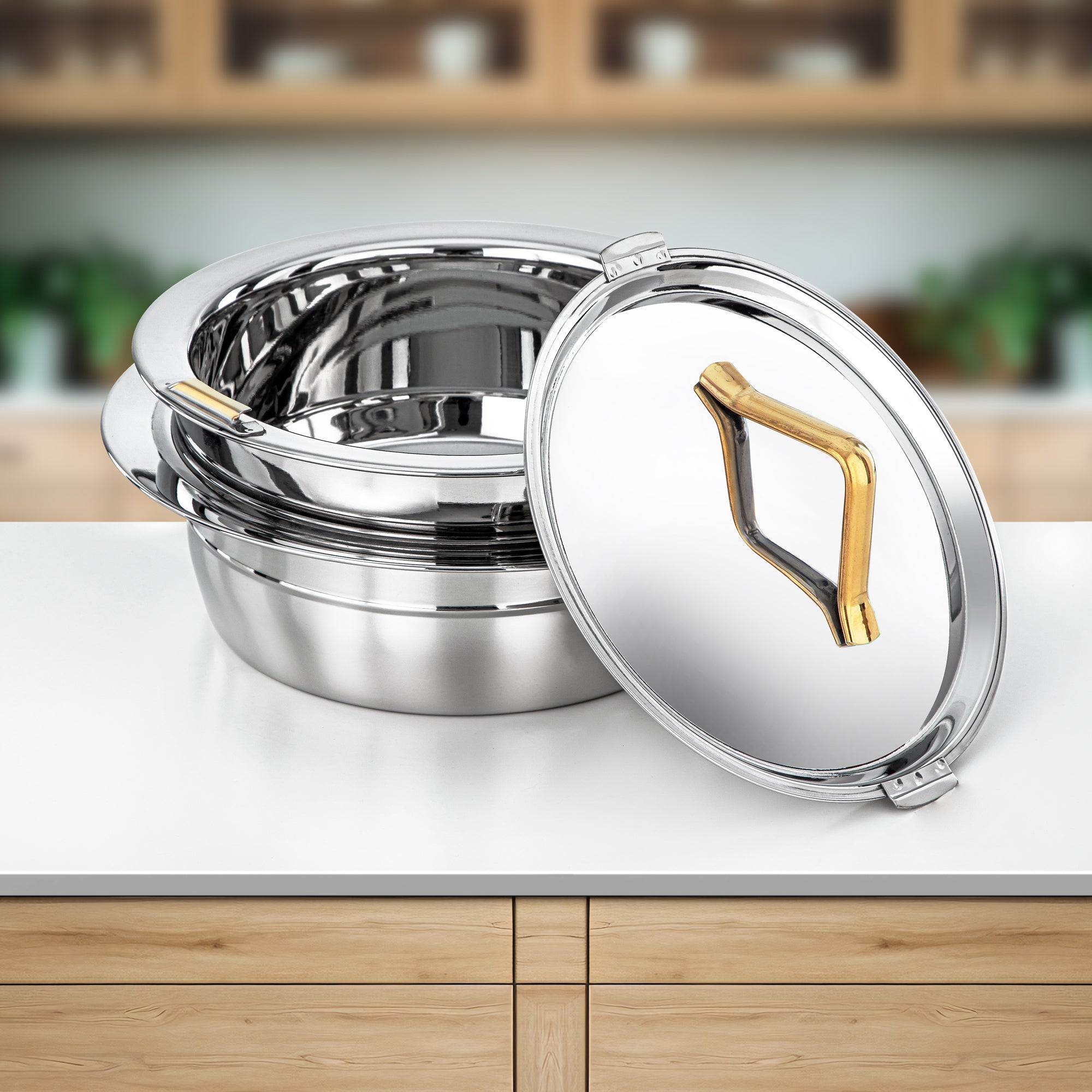 Almarjan Hot Pot Set Stainless Steel 3000ml + 4000ml + 6000ml (H25PG6) – Tara Collection | Silver Mirror Finish with Golden Knob | Elegant Serving for Ramadan & Gatherings