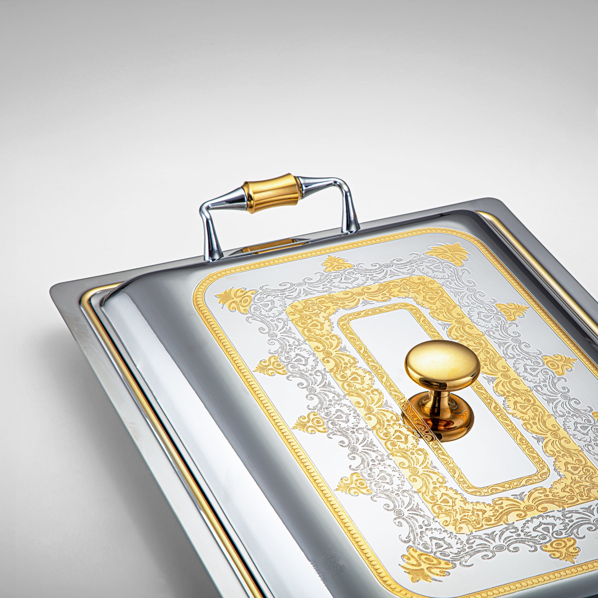 Almarjan 45 CM Teresa Collection Stainless Steel Rectangle Serving Tray With Cover Silver & Gold - STS2051221