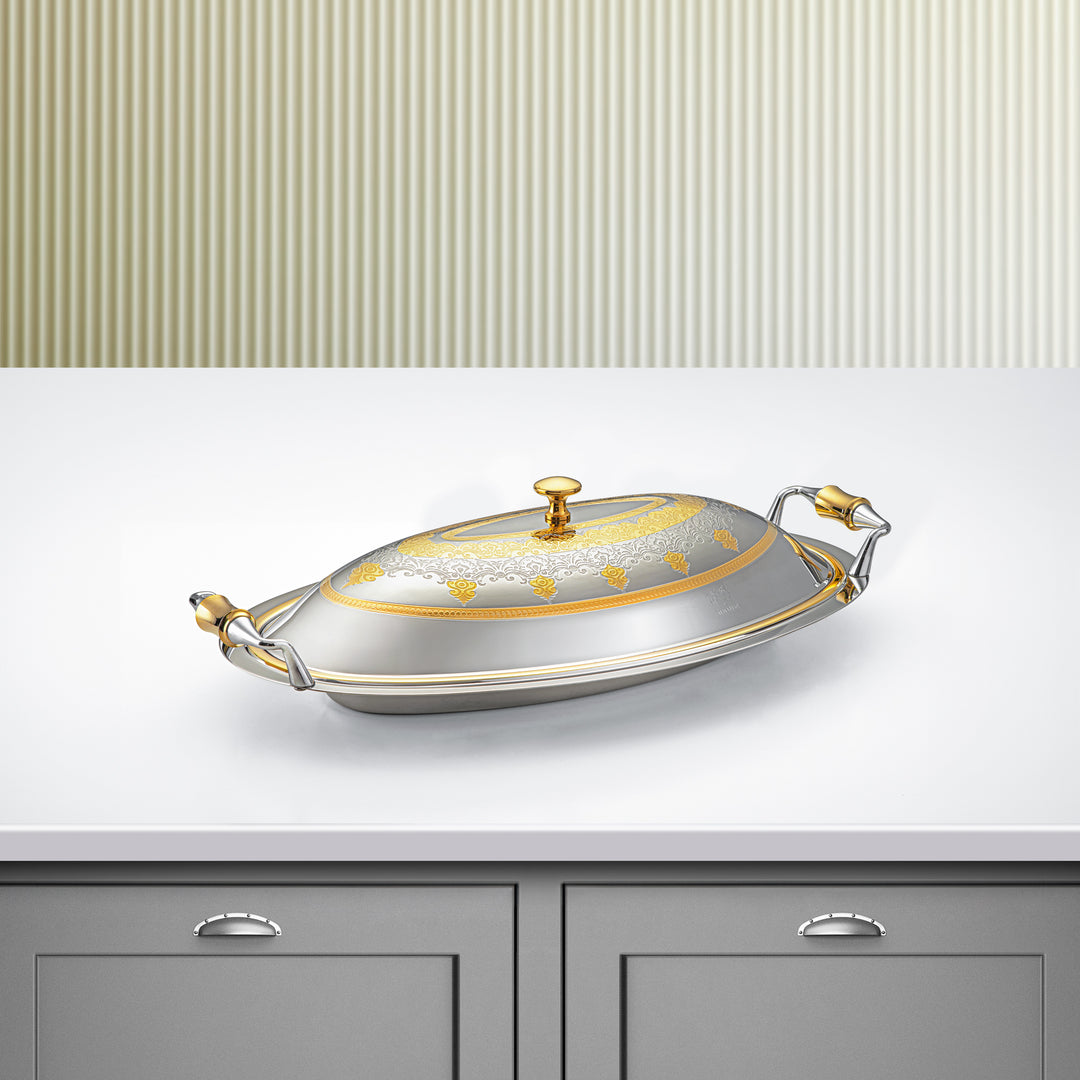 Almarjan 40 CM Teresa Collection Stainless Steel Oval Serving Tray With Cover Silver & Gold - STS2051222
