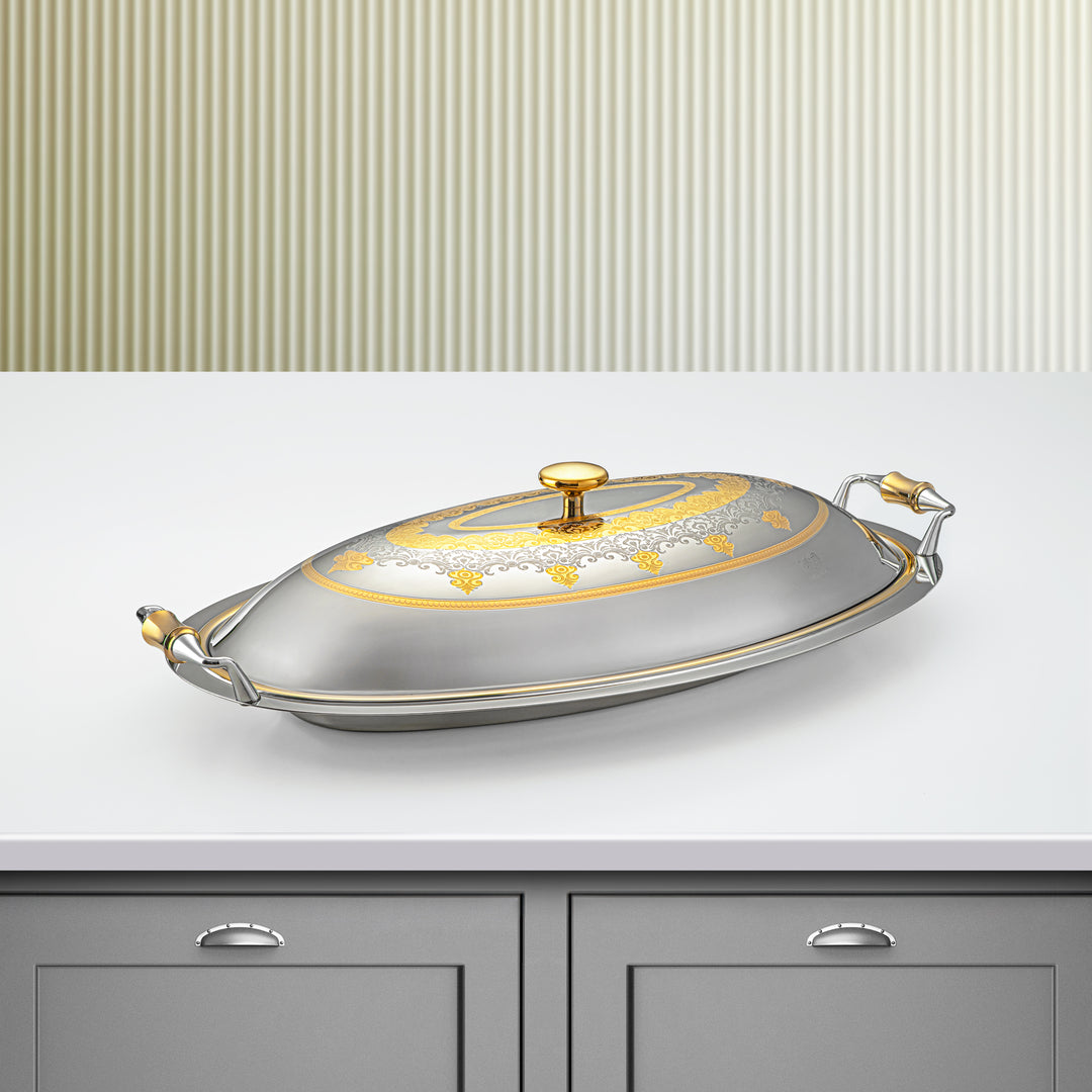 Almarjan 50 CM Teresa Collection Stainless Steel Oval Serving Tray With Cover Silver & Gold - STS2051224