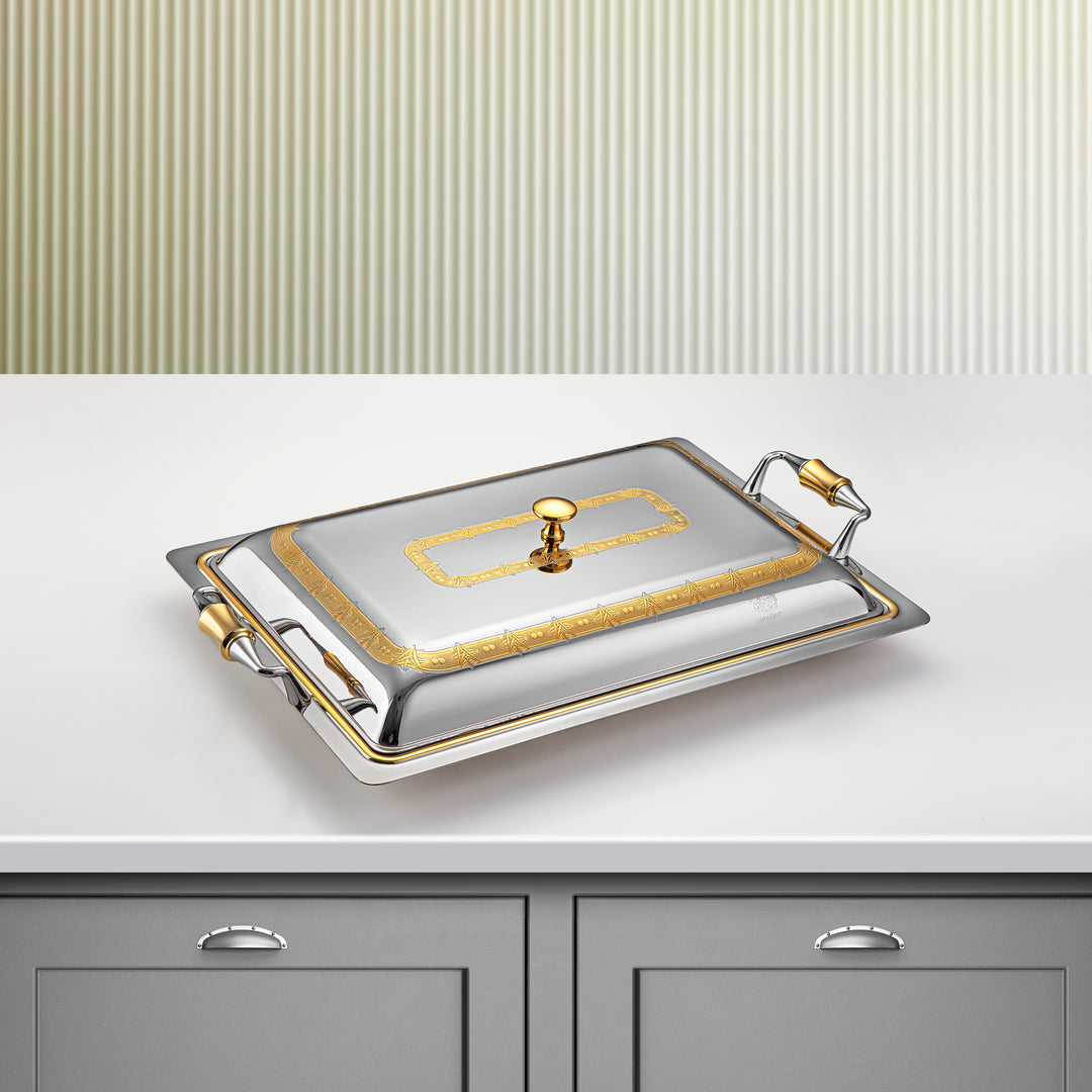 Almarjan 40 CM Crystal Collection Stainless Steel Rectangle Serving Tray With Cover Silver & Gold - STS2051240
