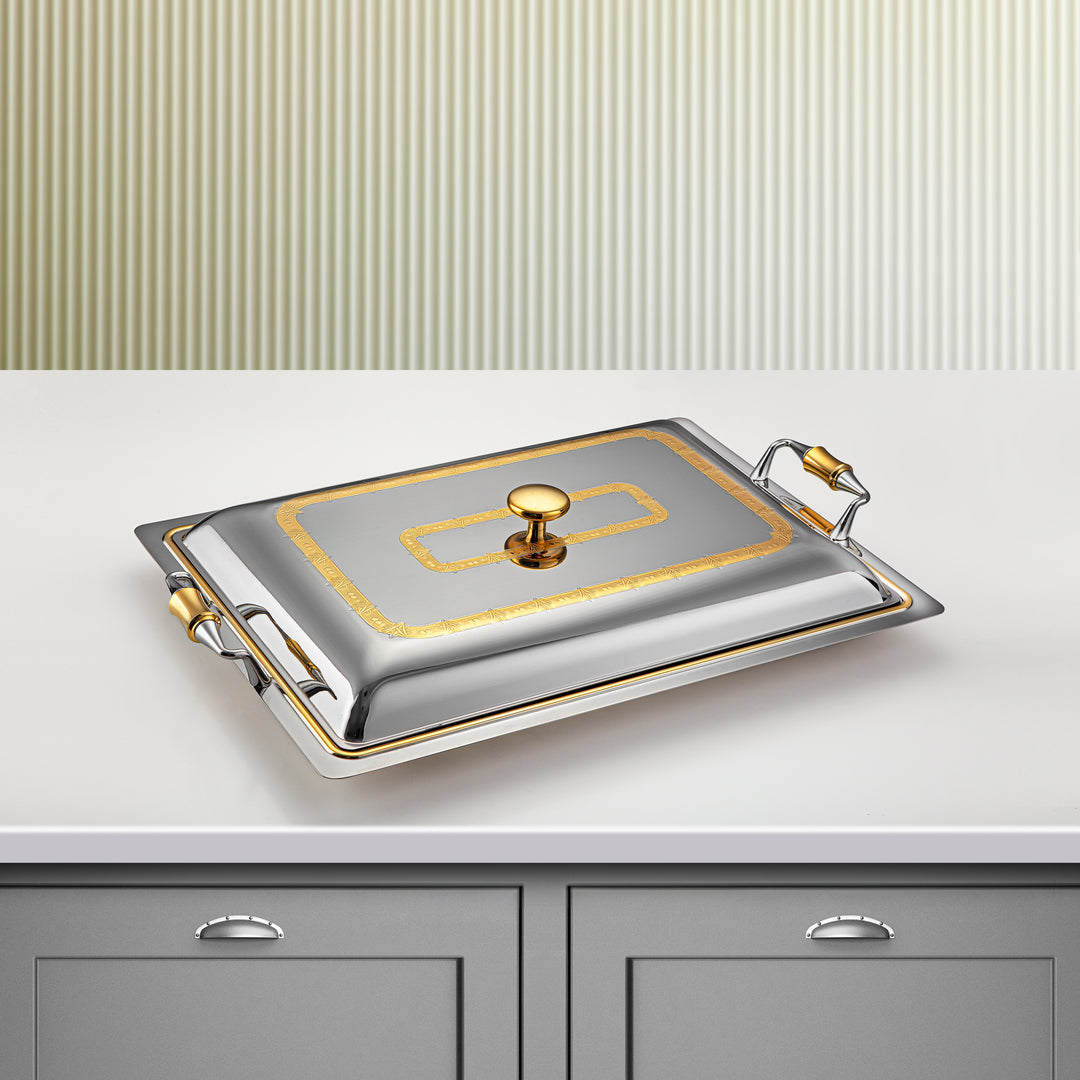 Almarjan 45 CM Crystal Collection Stainless Steel Rectangle Serving Tray With Cover Silver & Gold - STS2051241
