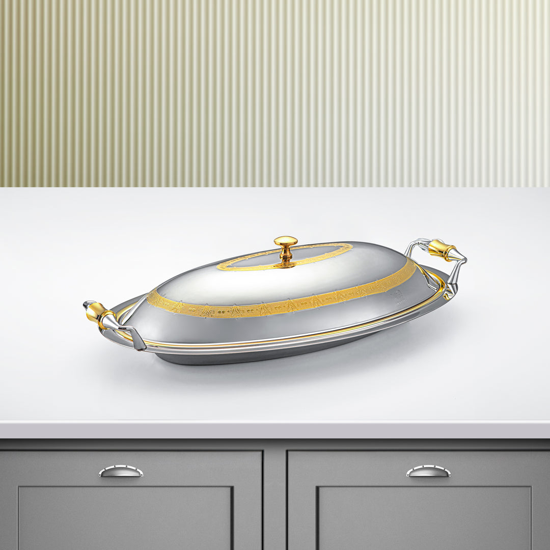 Almarjan 46 CM Crystal Collection Stainless Steel Oval Serving Tray With Cover Silver & Gold - STS2051243