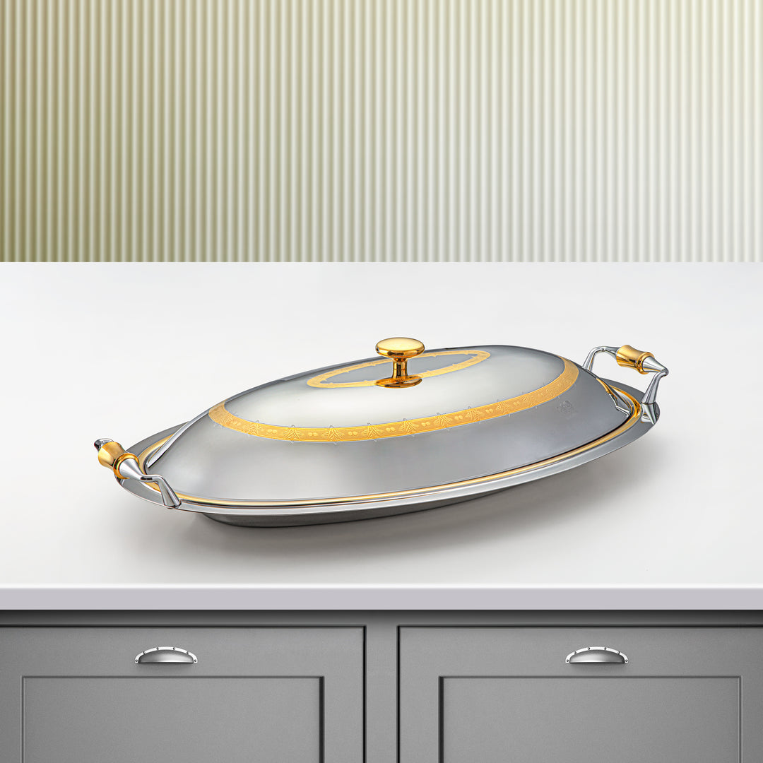 Almarjan 50 CM Crystal Collection Stainless Steel Oval Serving Tray With Cover Silver & Gold - STS2051244