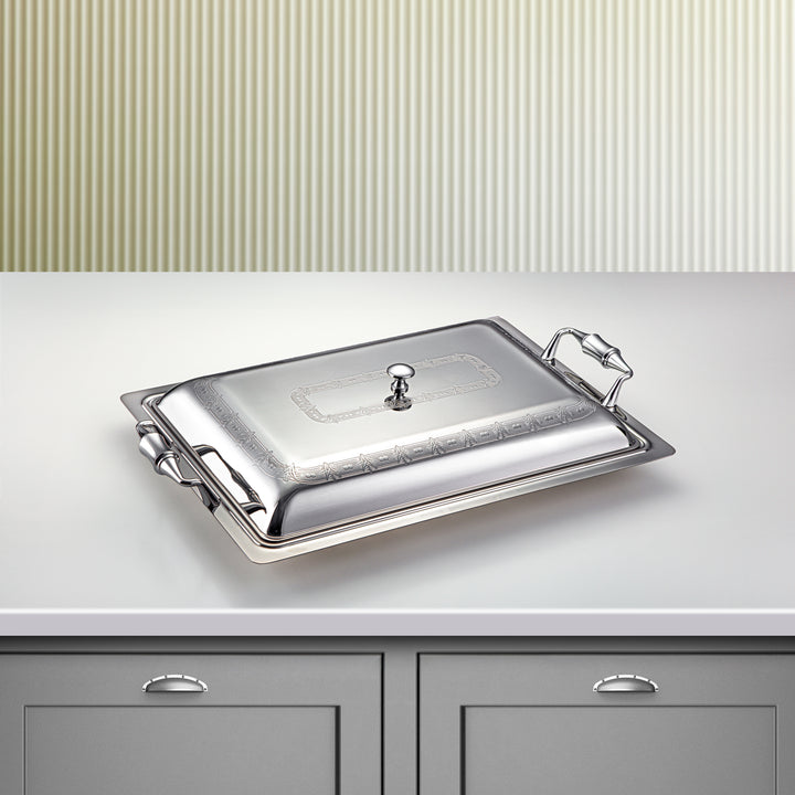 Almarjan 40 CM Crystal Collection Stainless Steel Rectangle Serving Tray With Cover Silver - STS2051250