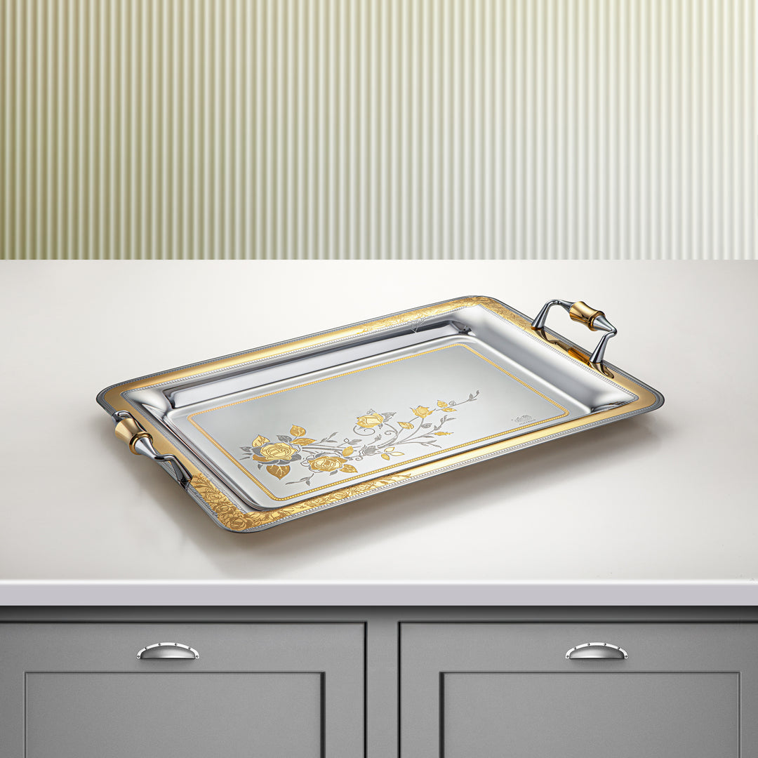 Almarjan 45 CM Lea Collection Stainless Steel Serving Tray Silver & Gold - STS2051257
