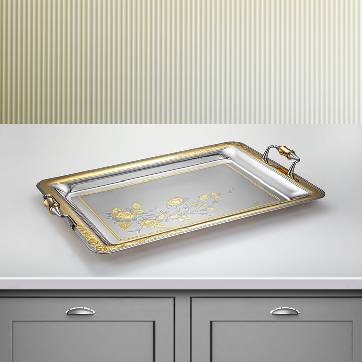 Almarjan 50 CM Lea Collection Stainless Steel Serving Tray Silver & Gold - STS2051258