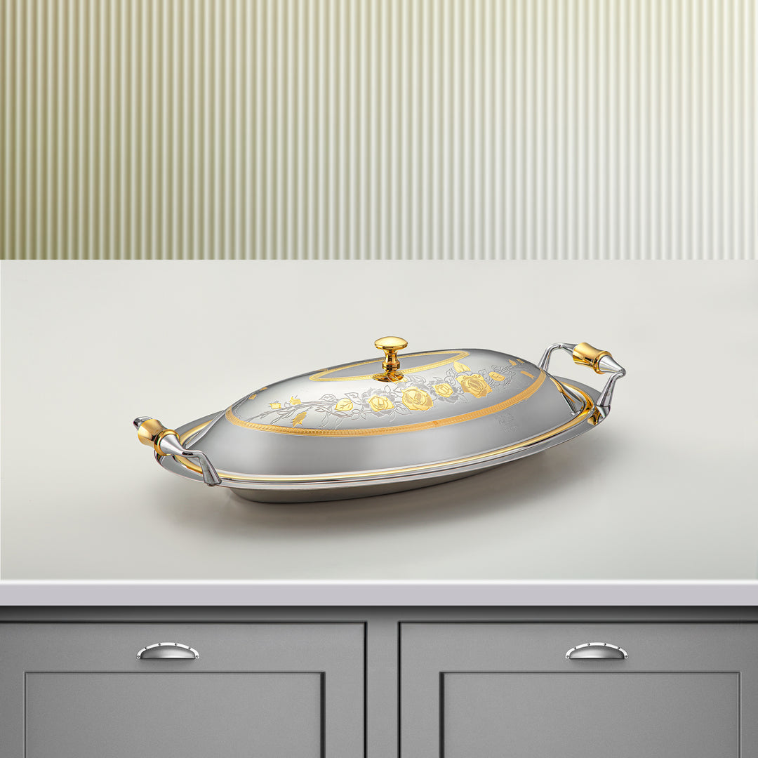 Almarjan 40 CM Lea Collection Stainless Steel Oval Serving Tray With Cover Silver & Gold - STS2051262