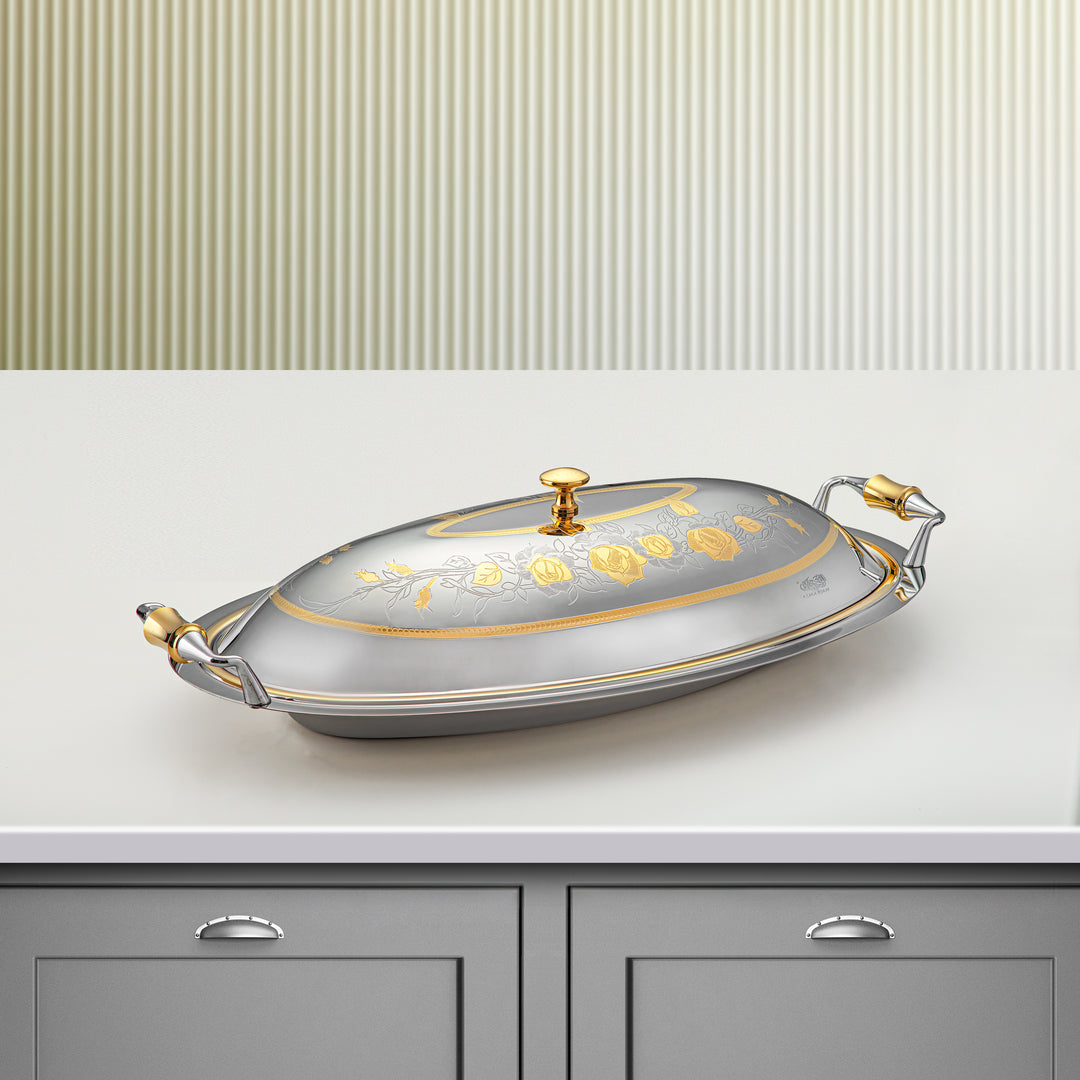 Almarjan 46 CM Lea Collection Stainless Steel Oval Serving Tray With Cover Silver & Gold - STS2051263