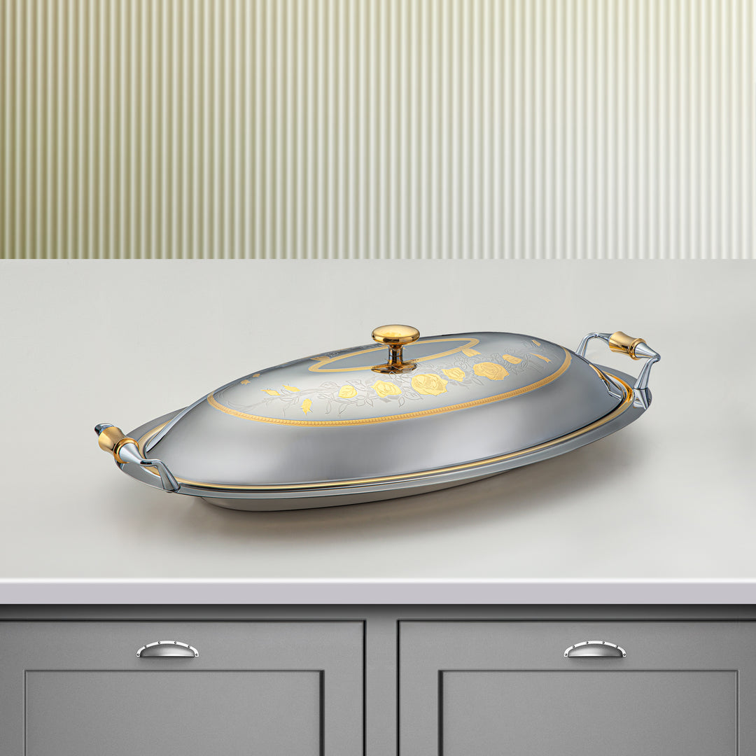 Almarjan 50 CM Lea Collection Stainless Steel Oval Serving Tray With Cover Silver & Gold - STS2051264