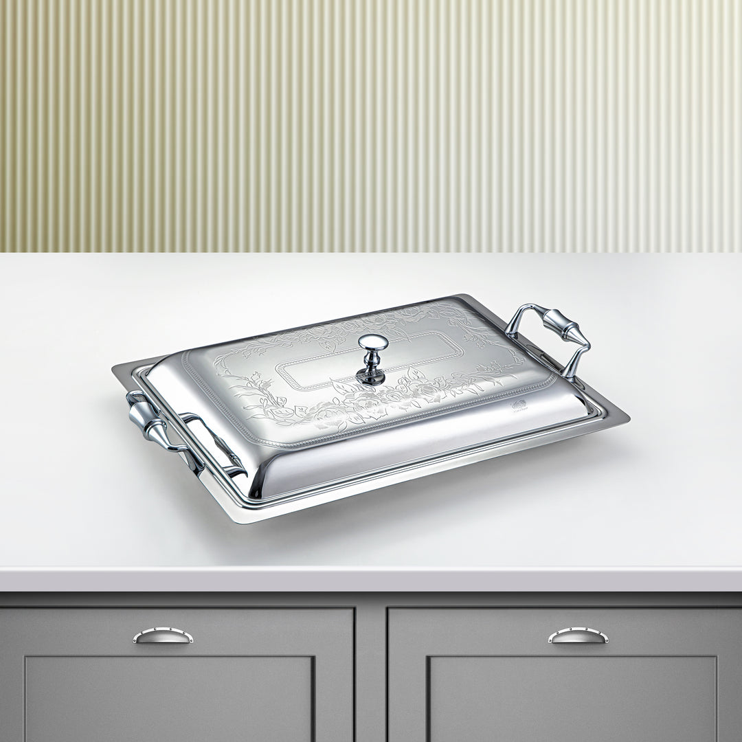 Almarjan 40 CM Lea Collection Stainless Steel Rectangle Serving Tray With Cover Silver - STS2051270