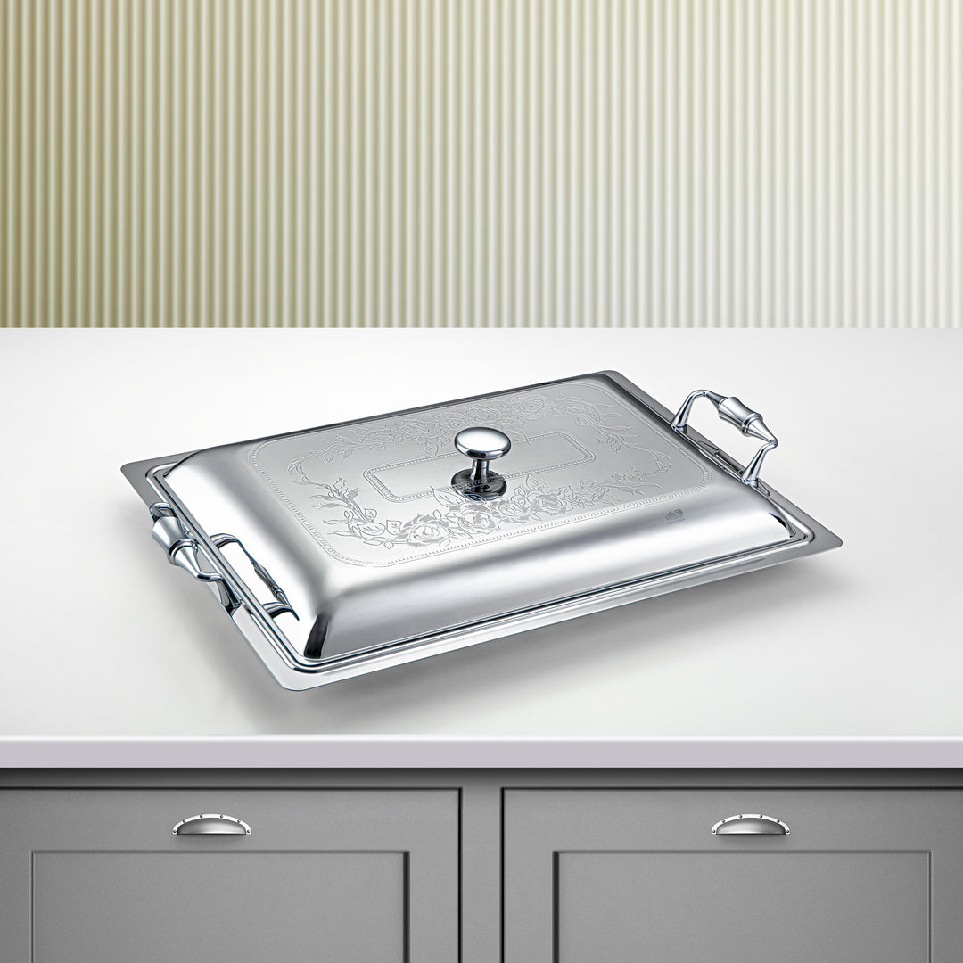 Almarjan 45 CM Lea Collection Stainless Steel Rectangle Serving Tray With Cover Silver - STS2051271